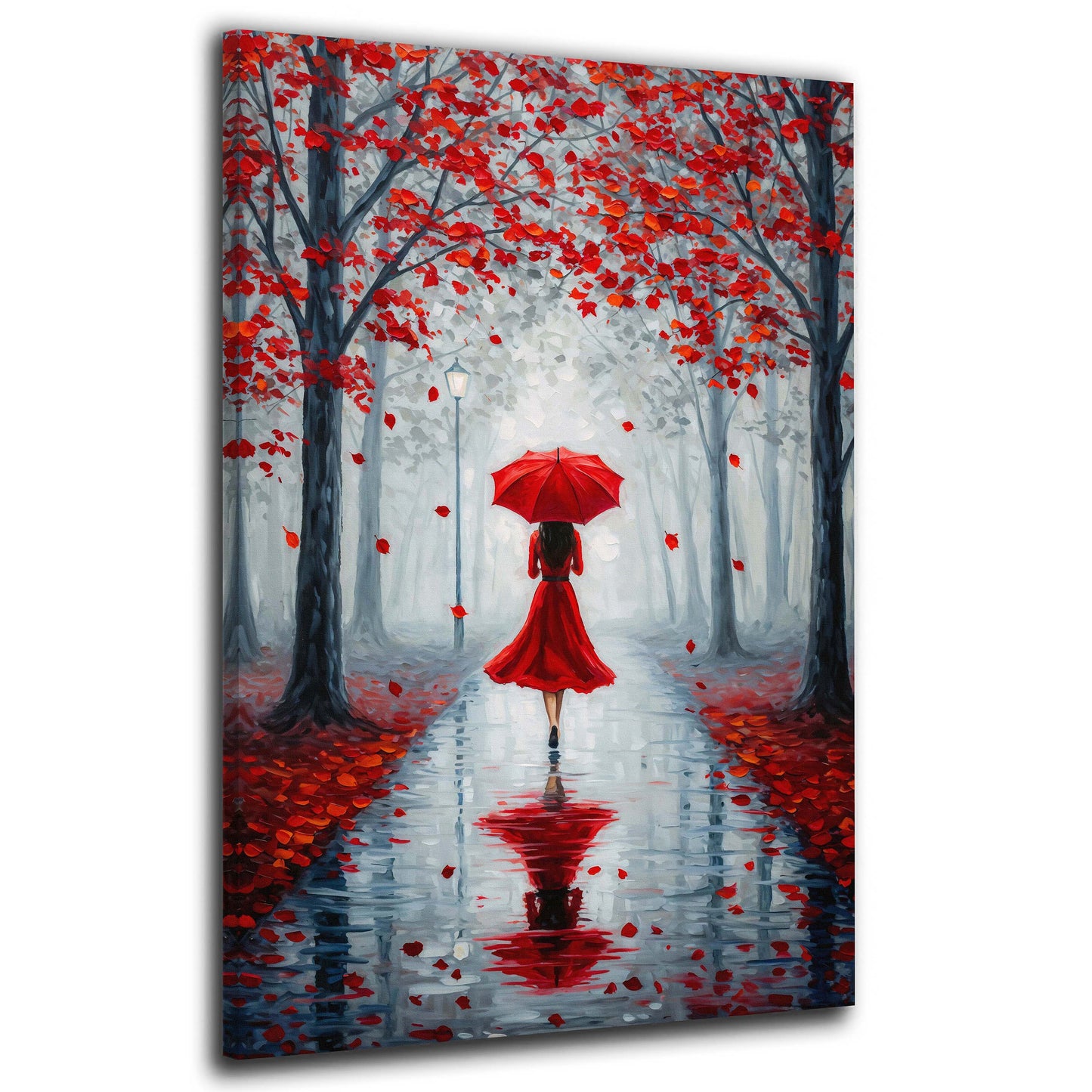 Wandbild Kunstwerk elegante Frau roter Schirm Herbstwald romantisch modern