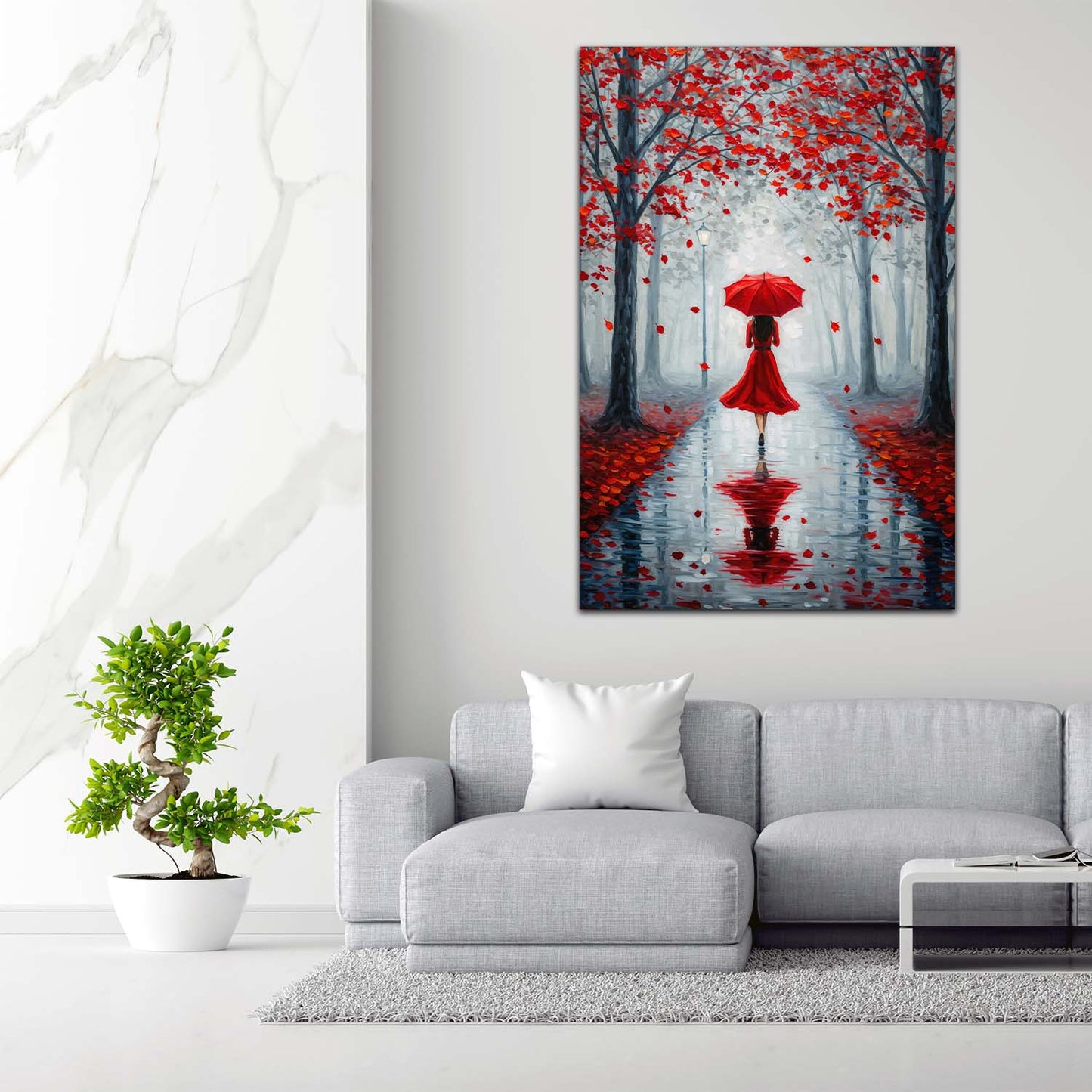 Wandbild Kunstwerk elegante Frau roter Schirm Herbstwald romantisch modern