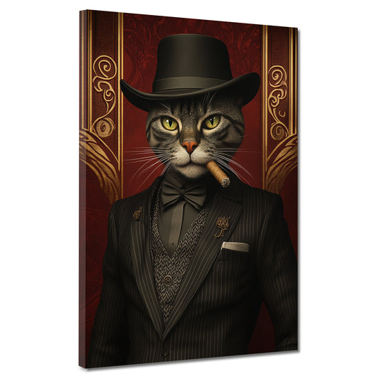 Wandbild Kunstwerk Kater im Anzug rauchend Hut Stil Vintage modern