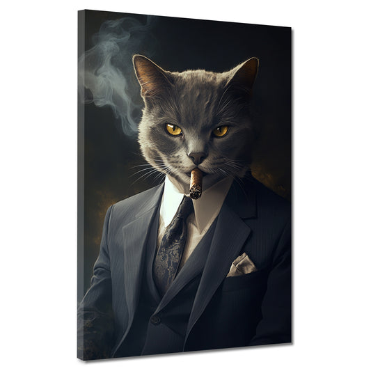 Wandbild Kunstwerk elegante Katze mit Anzug rauchend Autorität Erfolg Stil modern