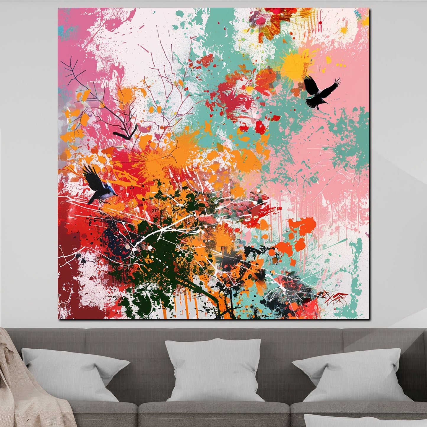 Wandbild Kunstwerk farbenfroh mit fliegenden Vögeln
