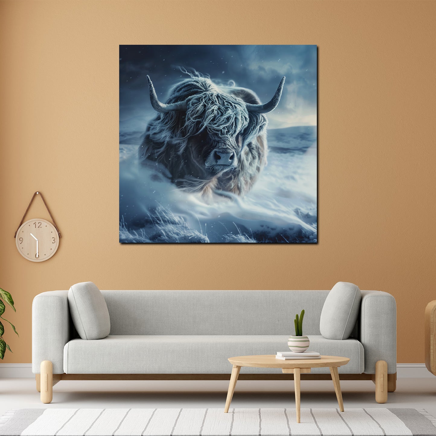 Wandbild Kunstwerk Schottisches Hochlandrind in verschneite Landschaft eisige Natur Winter