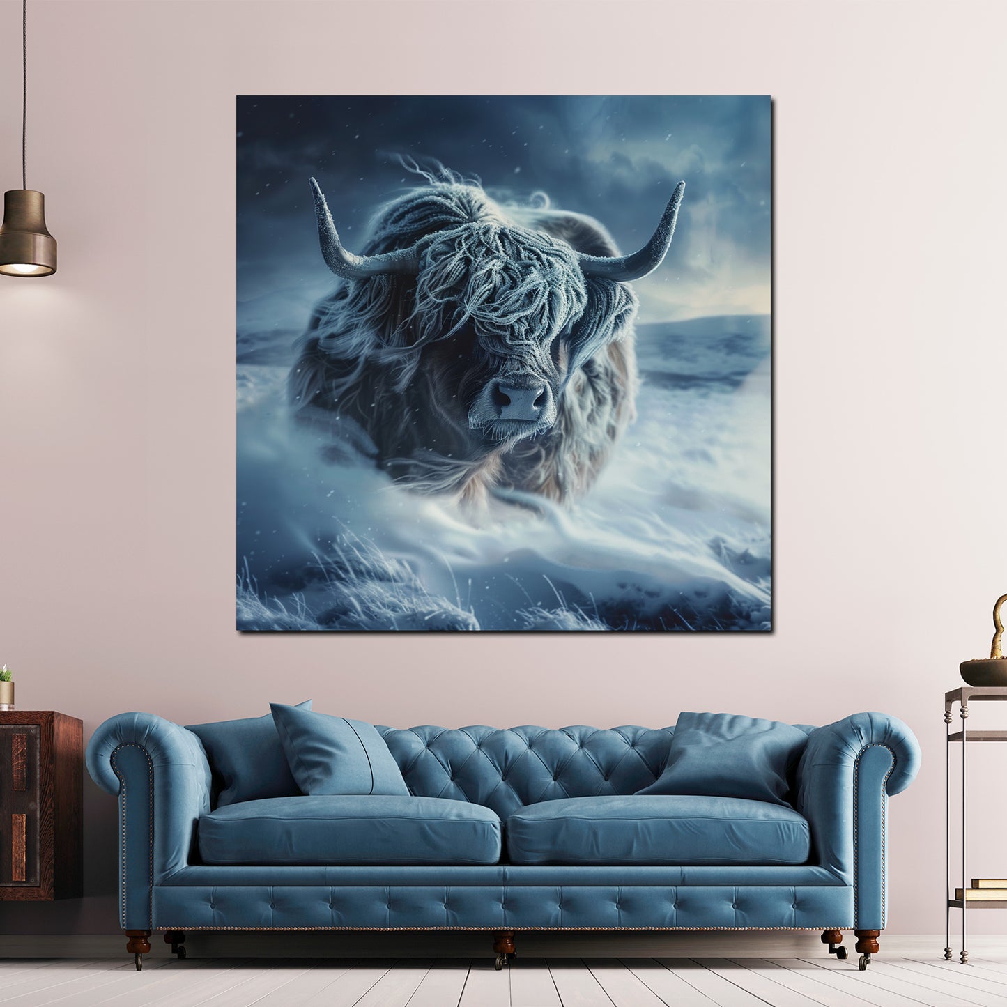 Wandbild Kunstwerk Schottisches Hochlandrind in verschneite Landschaft eisige Natur Winter