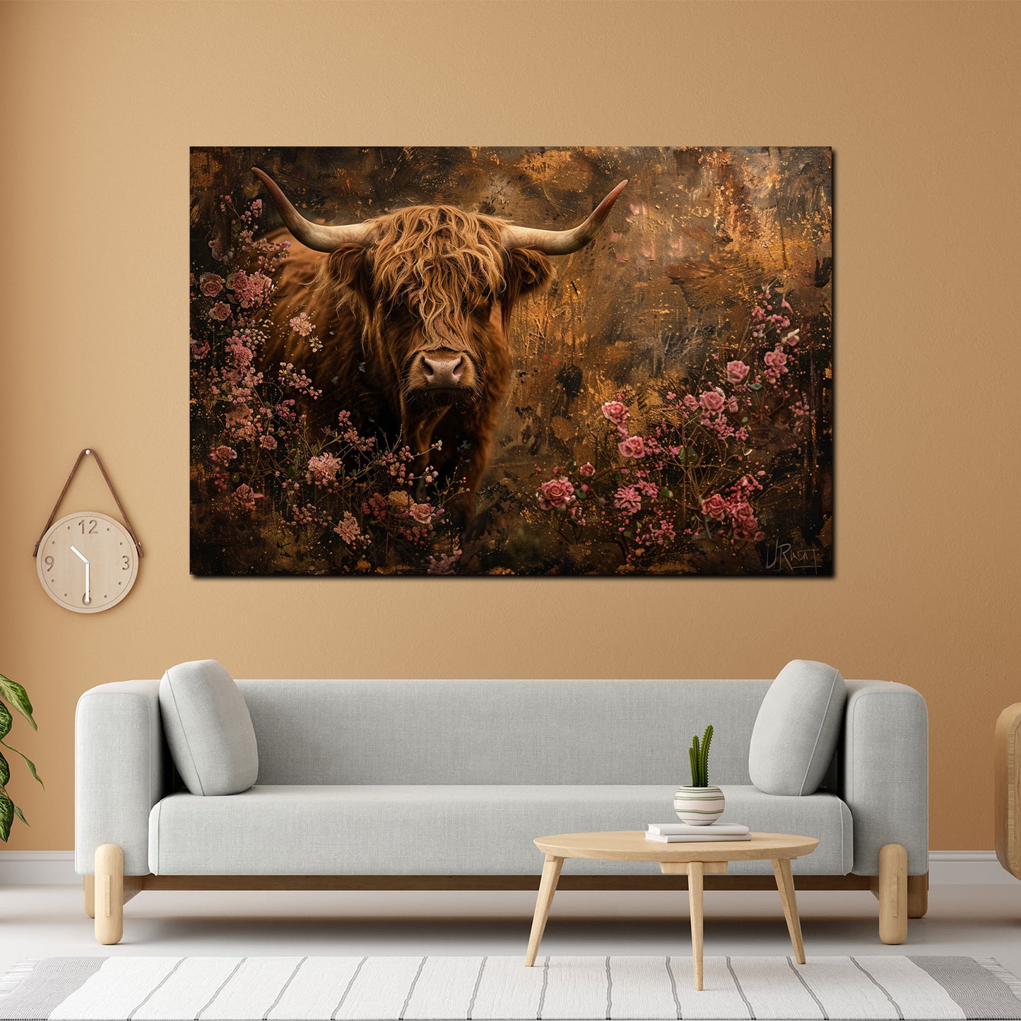 Wandbild Kunstwerk Kuh umgeben von Blüten Naturstil Harmonie modern
