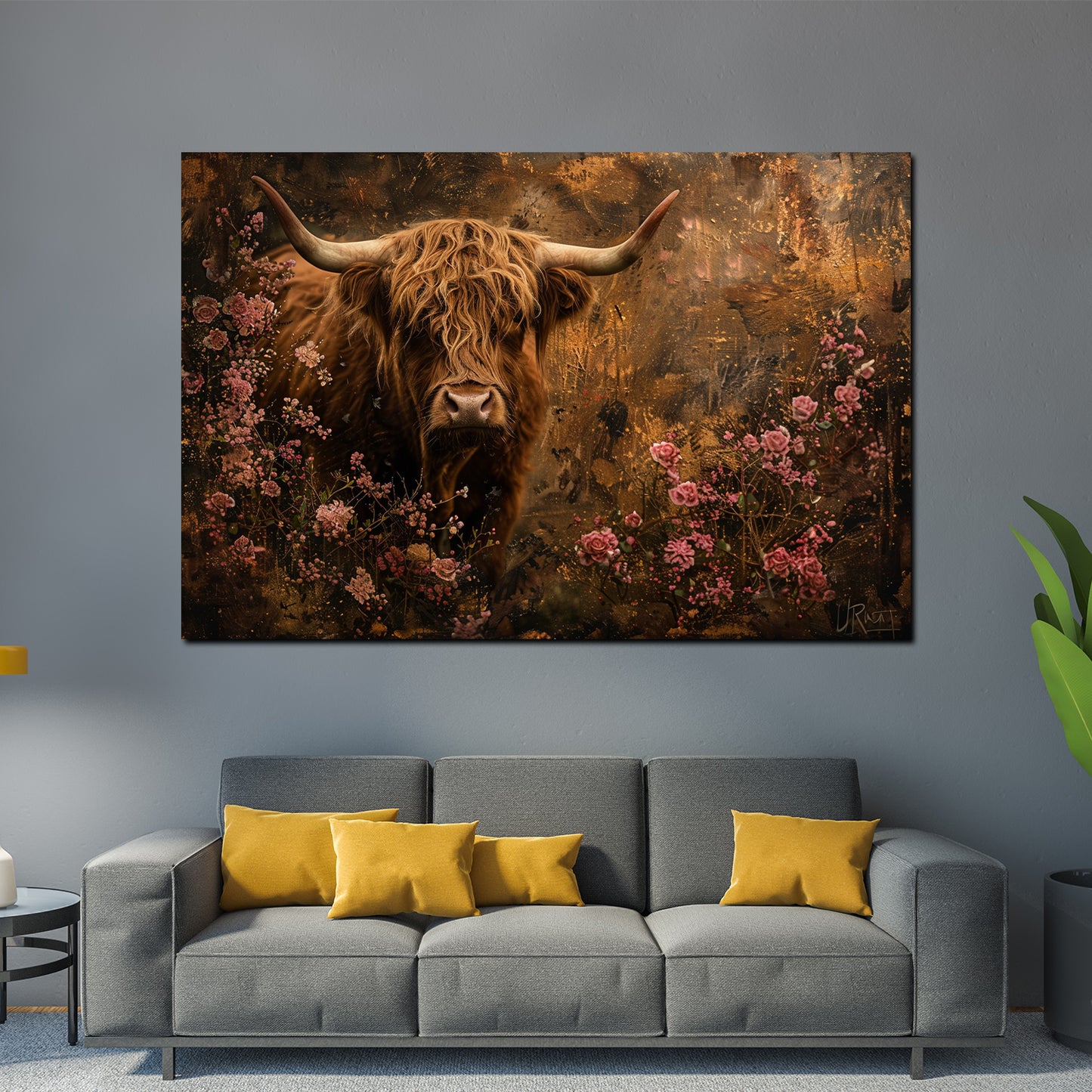 Wandbild Kunstwerk Kuh umgeben von Blüten Naturstil Harmonie modern
