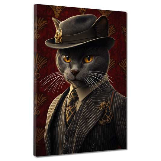 Wandbild Kunstwerk schwarze Katze Anzug Hut Stil Vintage Eleganz