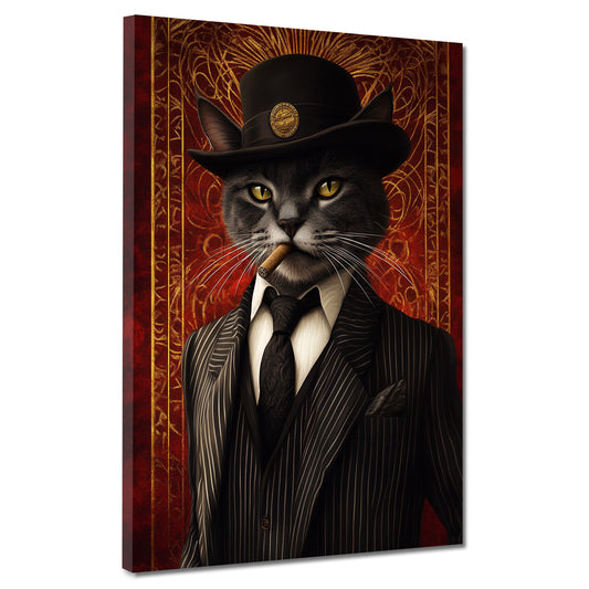 Wandbild Kunstwerk schwarze Katze Anzug Zigarre Hut Eleganz Vintage modern