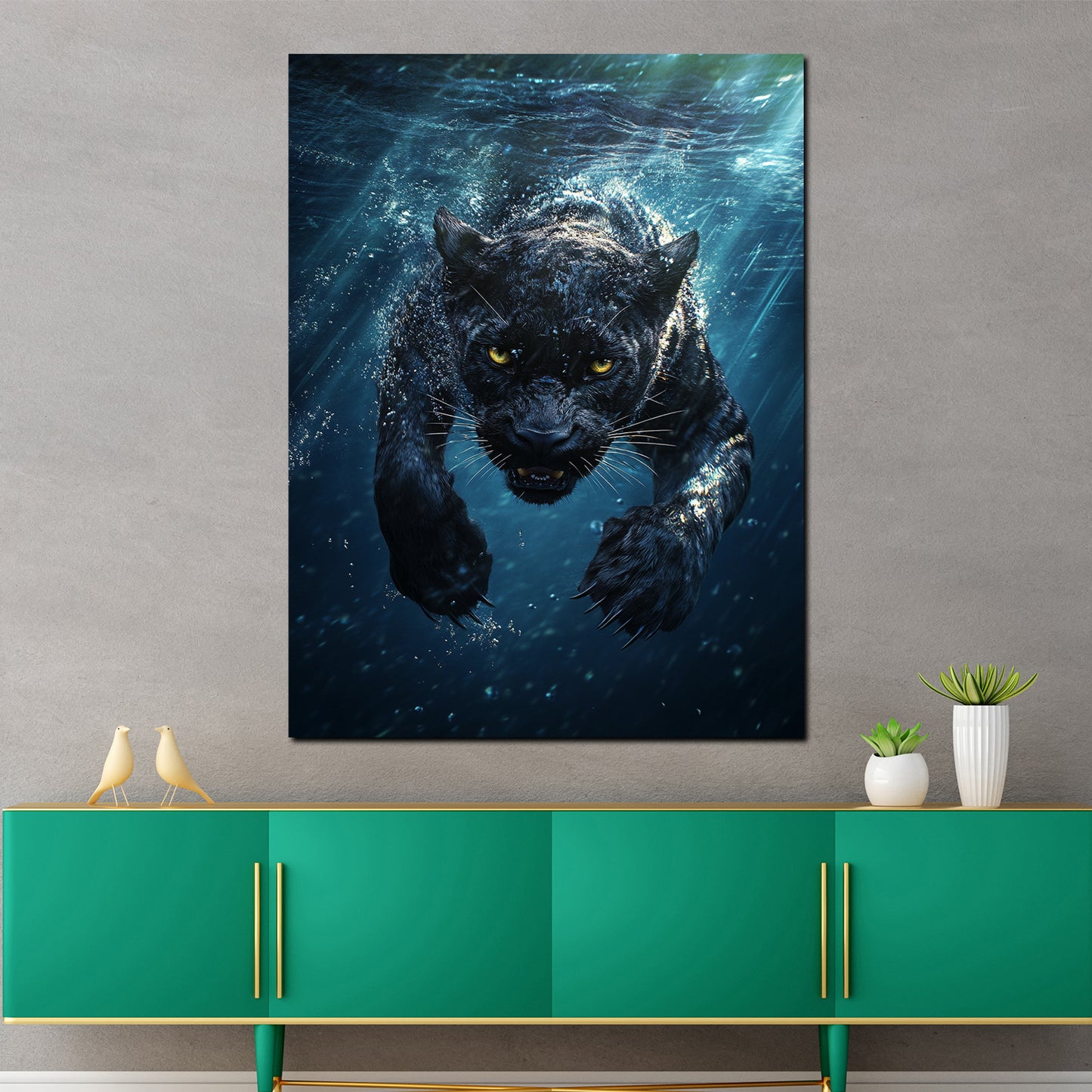 Wandbild Kunstwerk schwarzer Panther taucht ins Wasser Energie Raubtier modern