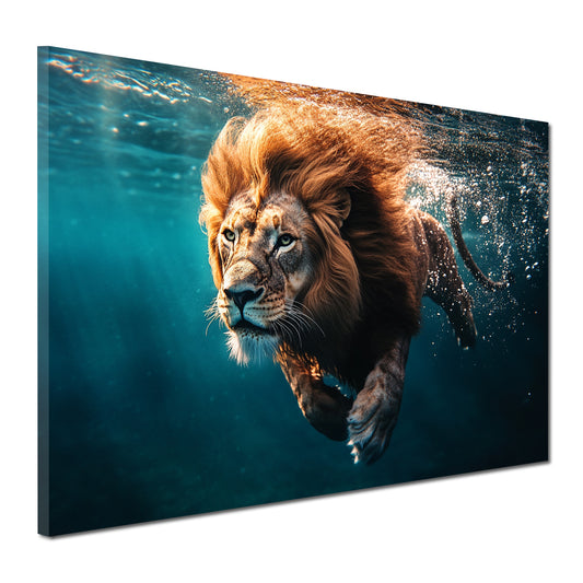 Wandbild Kunstwerk schwimmender Löwe Kraft Wasser Wildnis