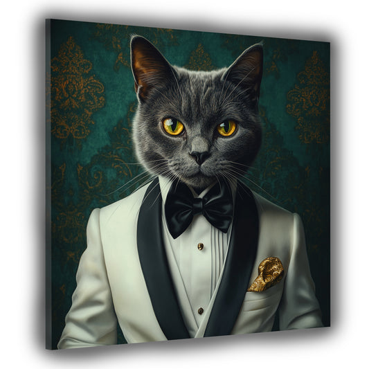 Wandbild Kunstwerk stilvolle Katze im weißen Anzug Eleganz modern
