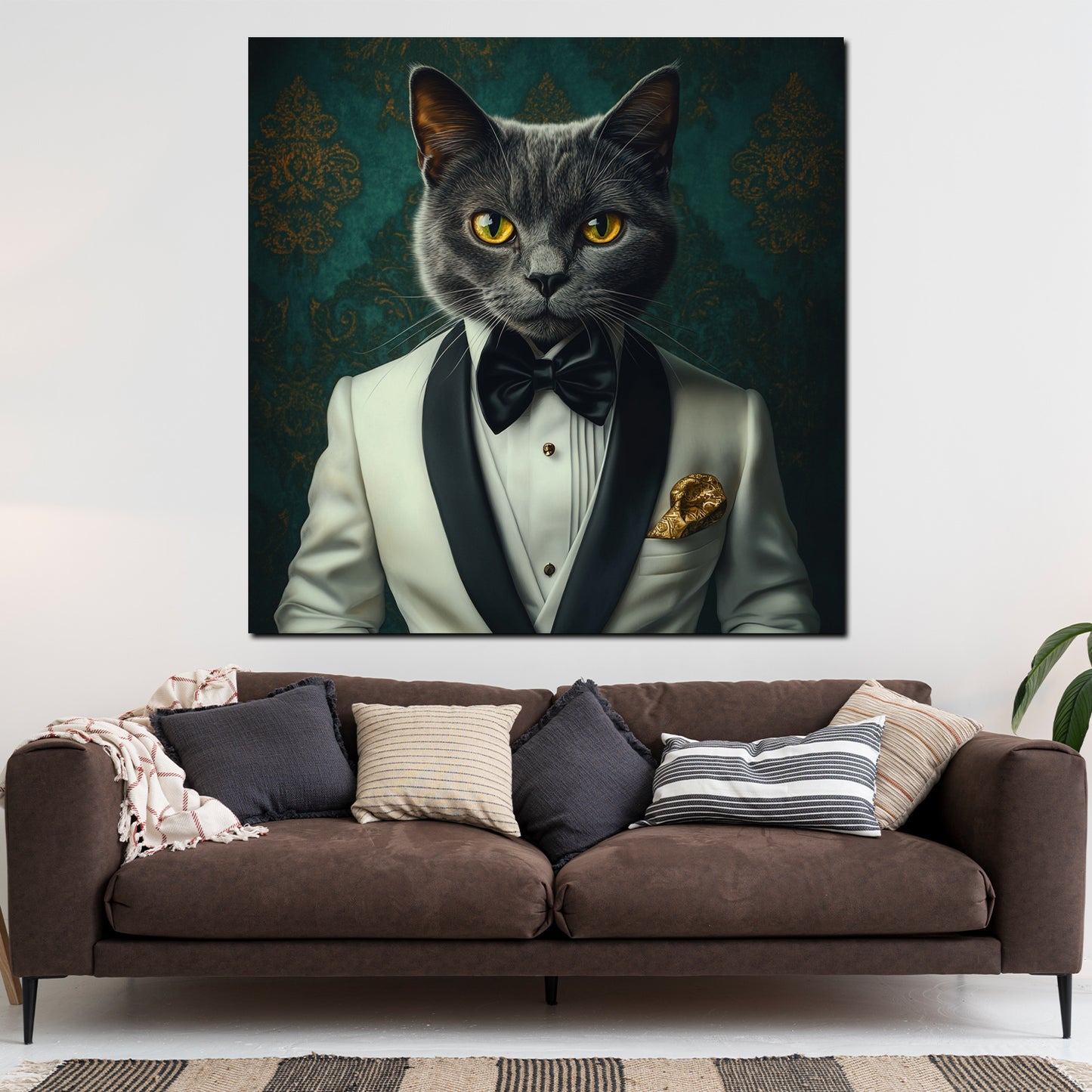 Wandbild Kunstwerk stilvolle Katze im weißen Anzug Eleganz modern