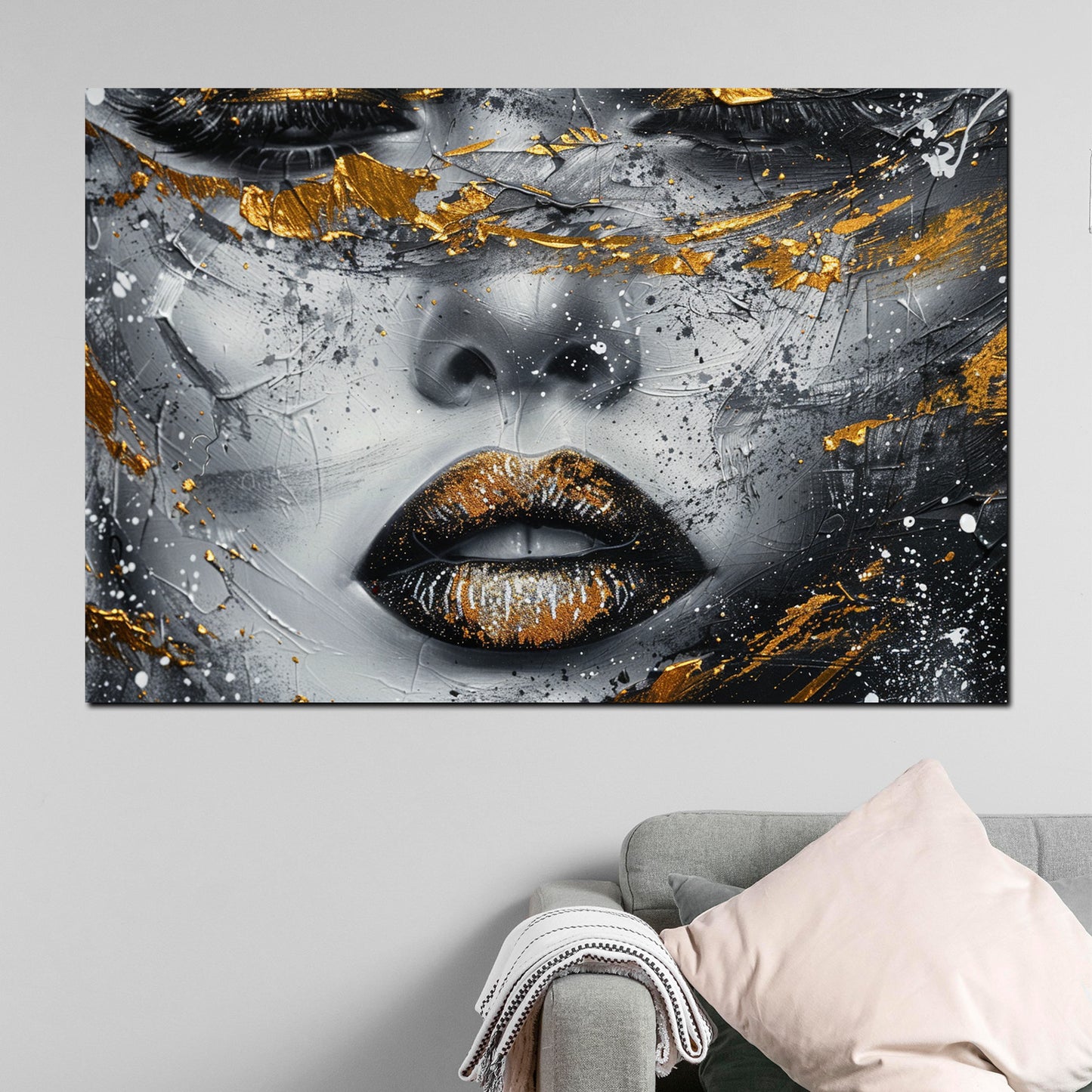 Weibliches Gesicht mit goldenen Akzenten Wandbild Kunstwerk