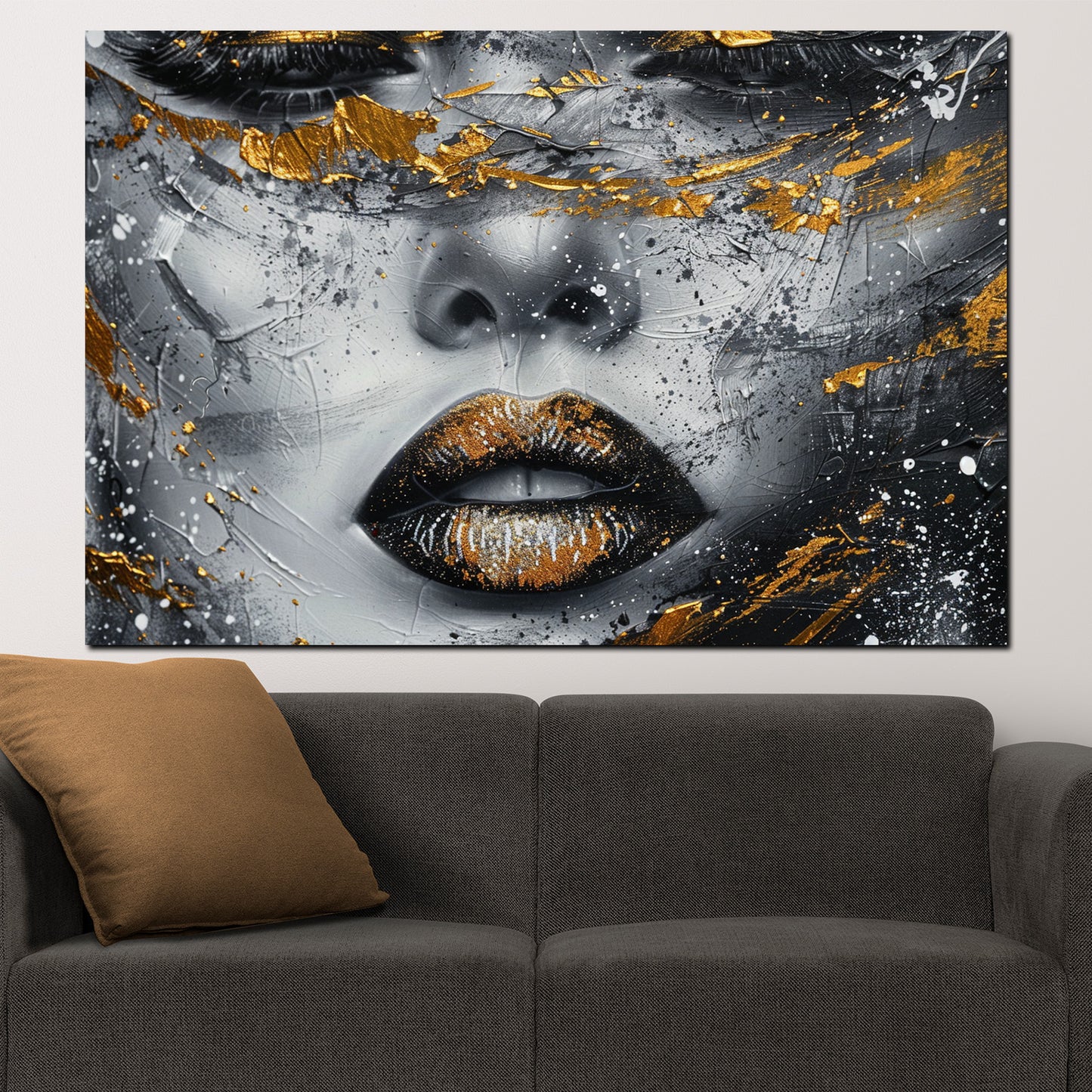 Weibliches Gesicht mit goldenen Akzenten Wandbild Kunstwerk