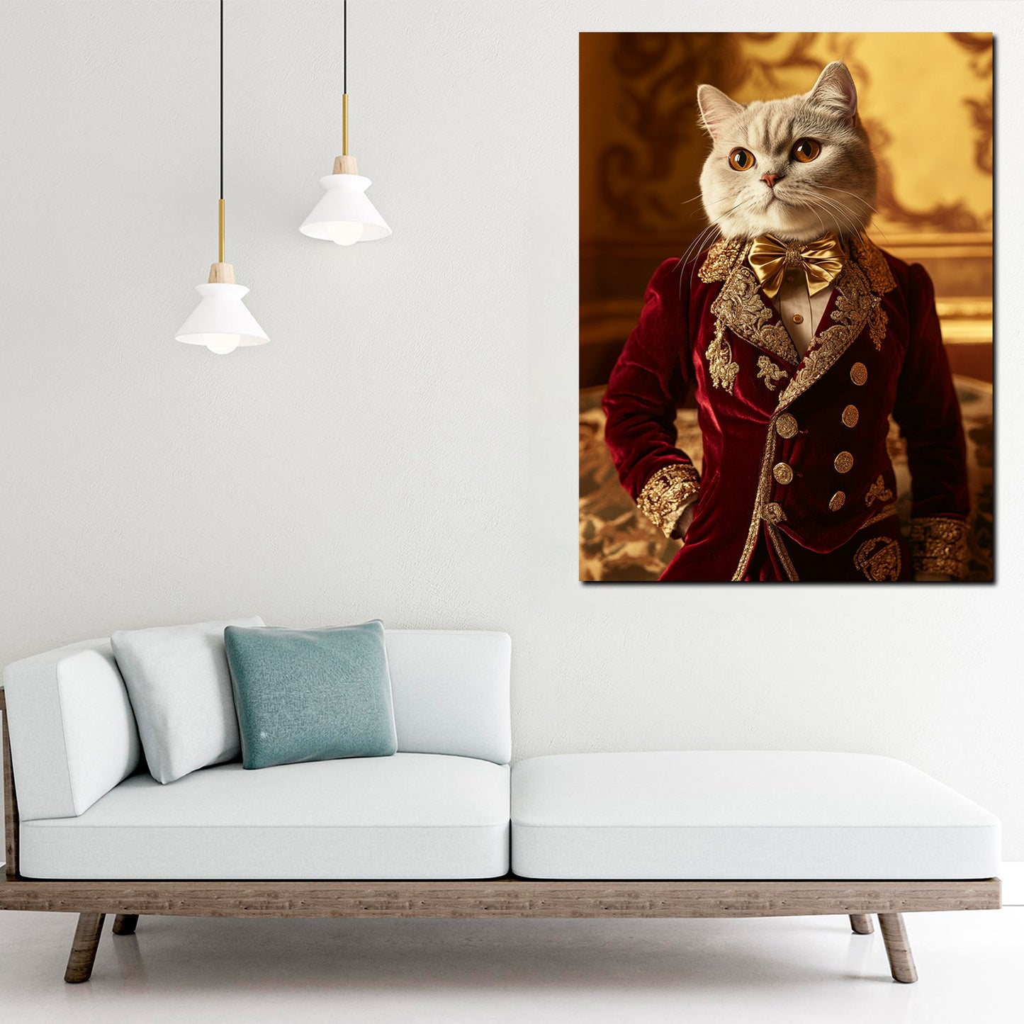 Weiße Katze Barock Gewand Eleganz modern Wandbild Kunstwerk