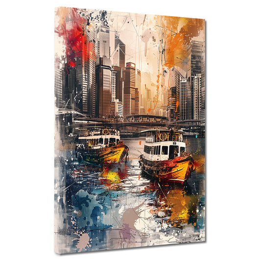 Wandbild abstrakt Boote in Stadt mit Skyline