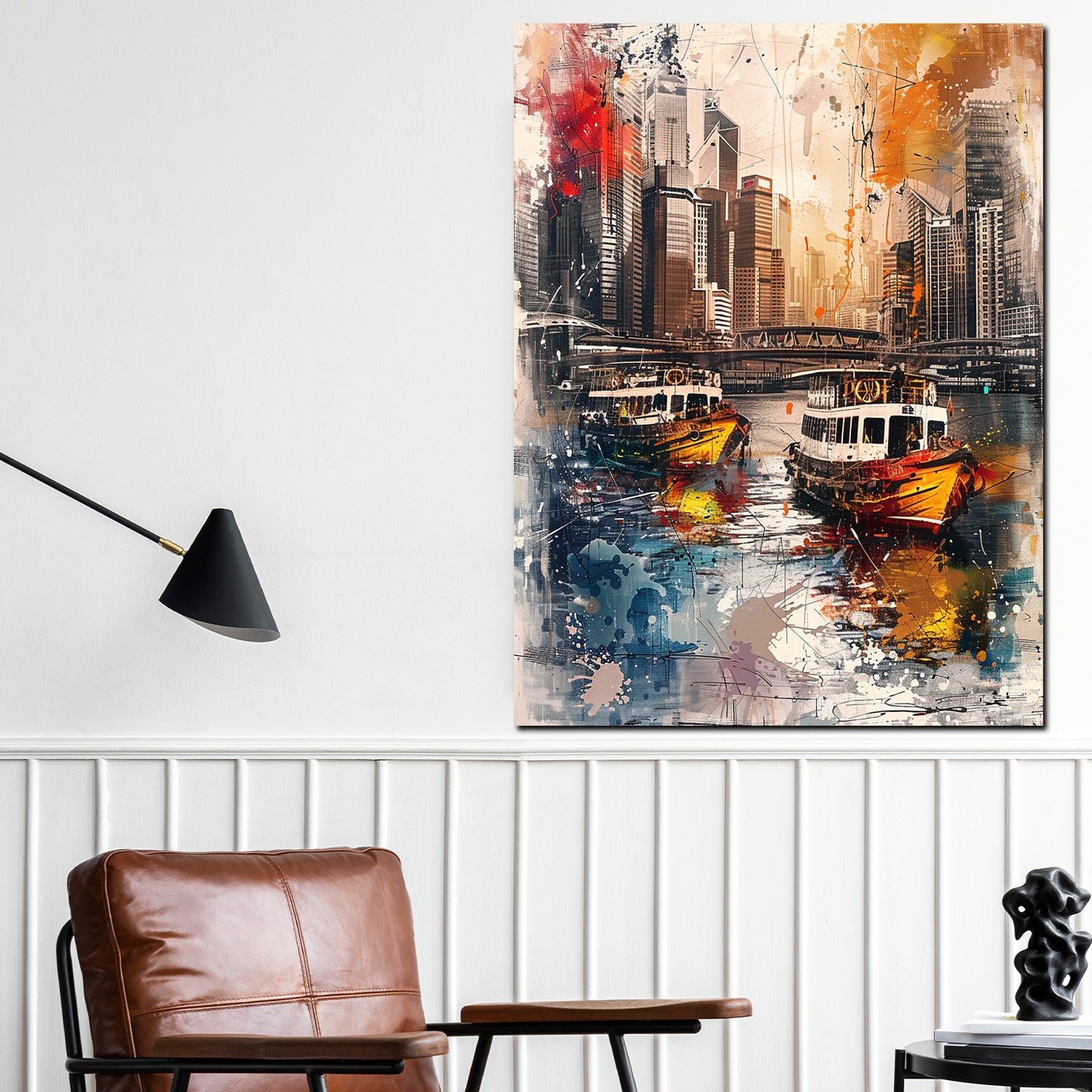 Abstrakt Boote in Stadt mit Skyline Wandbild Kunstwerk