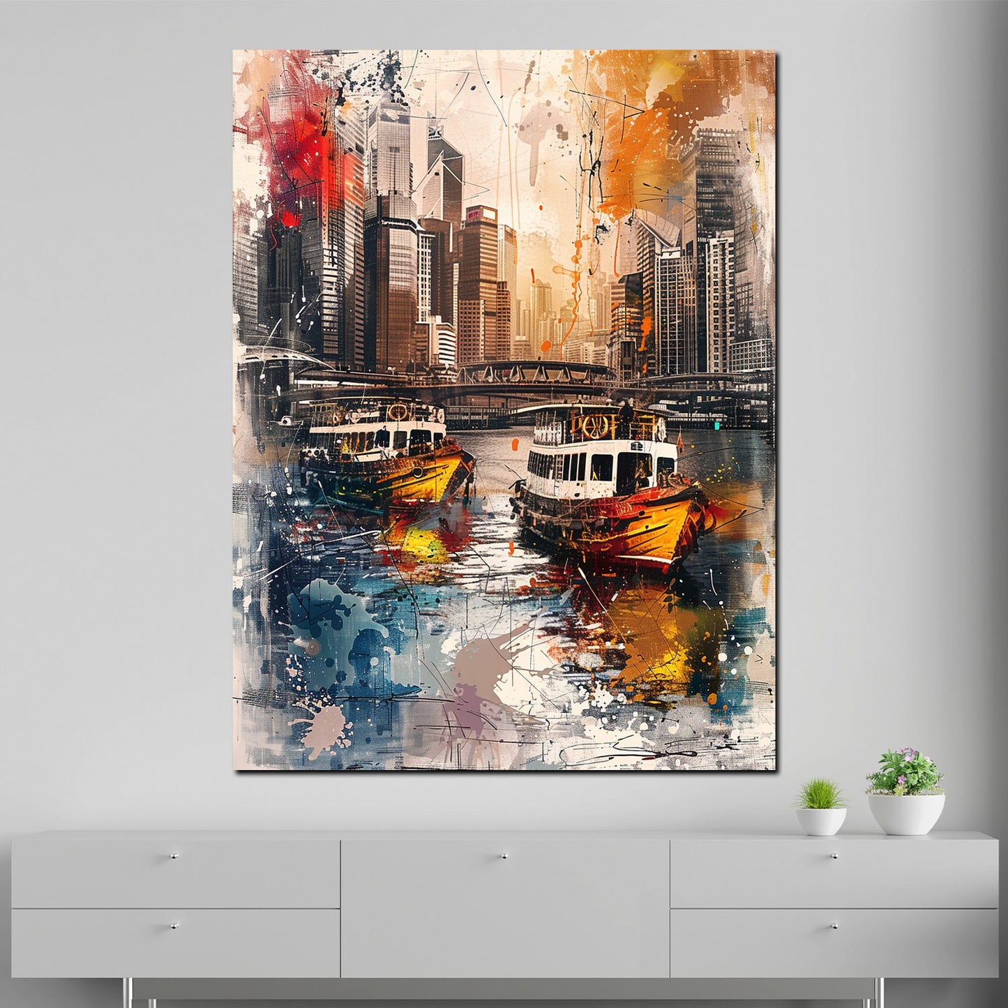 Abstrakt Boote in Stadt mit Skyline Wandbild Kunstwerk