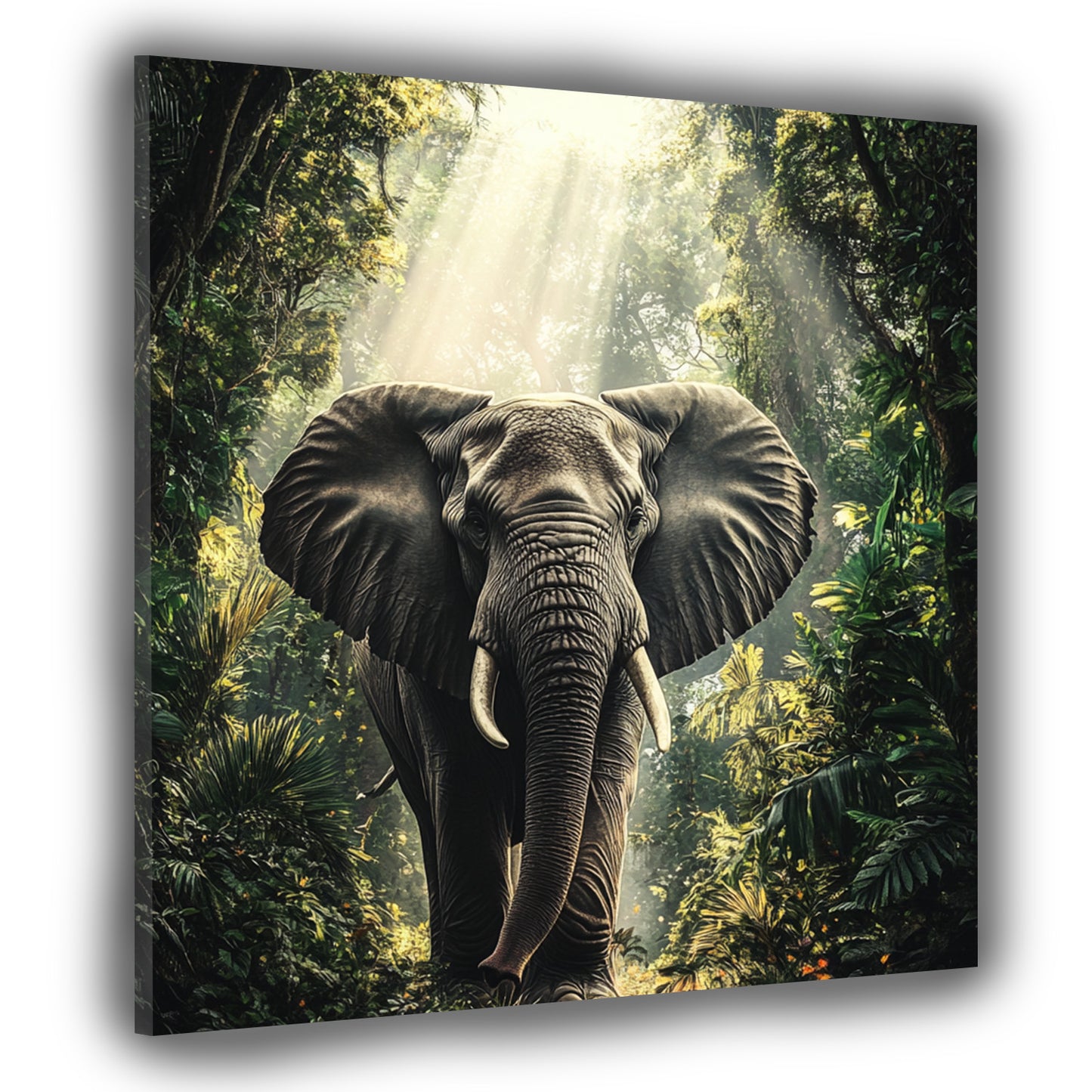 Wandbild abstrakt Elefant im Dschungel mit Sonnenstrahlen
