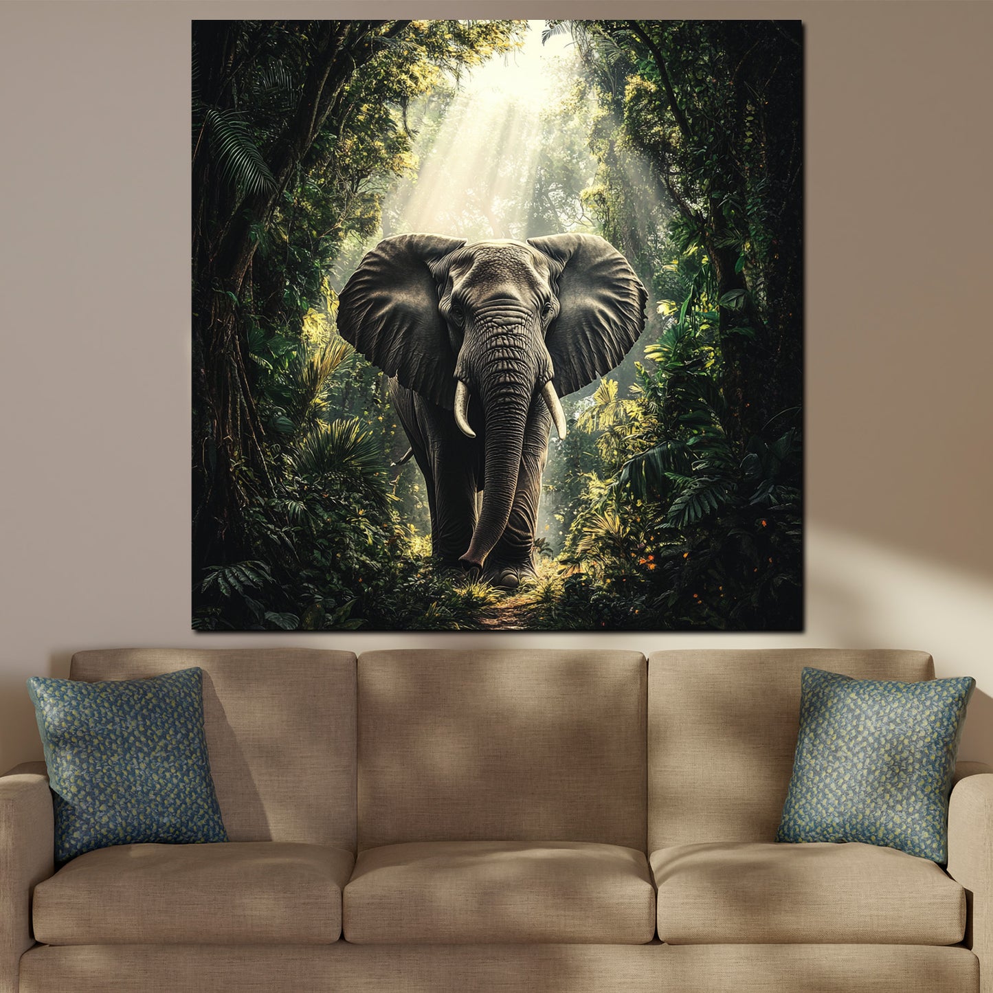 Wandbild abstrakt Elefant im Dschungel mit Sonnenstrahlen