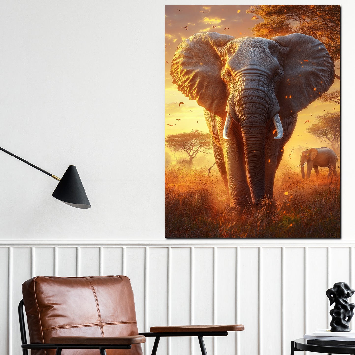 Abstrakt Elefant in der Savanne bei Sonnenuntergang Wandbild Kunstwerk