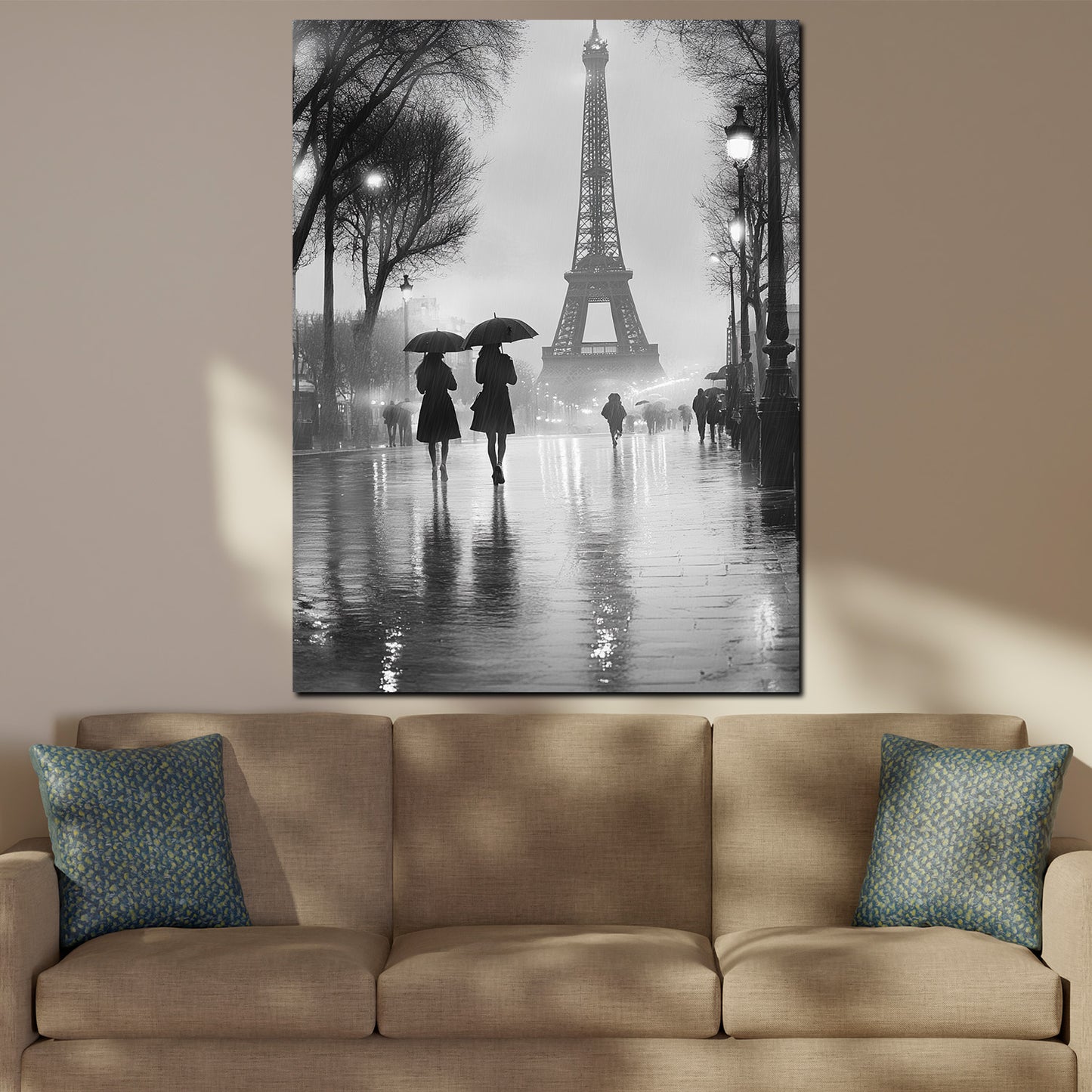 Wandbild abstrakt Paris Eiffelturm romantisch im Regen schwarz weiß