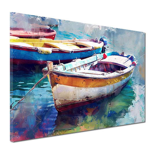 Wandbild bunte Boote auf Wasser abstrakt
