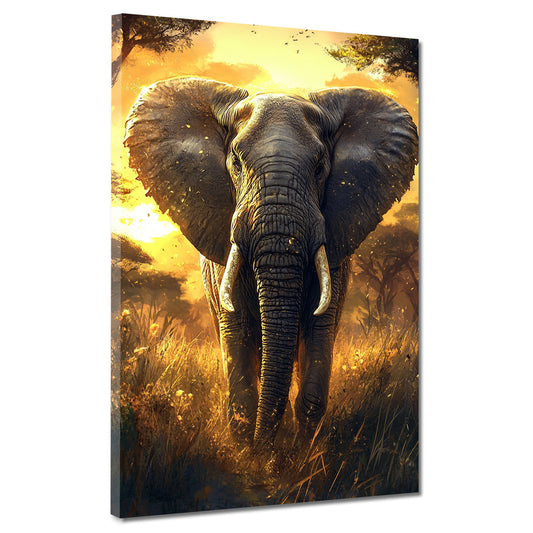 Wandbild majestätischer Elefant in goldenem Sonnenlicht der Savanne