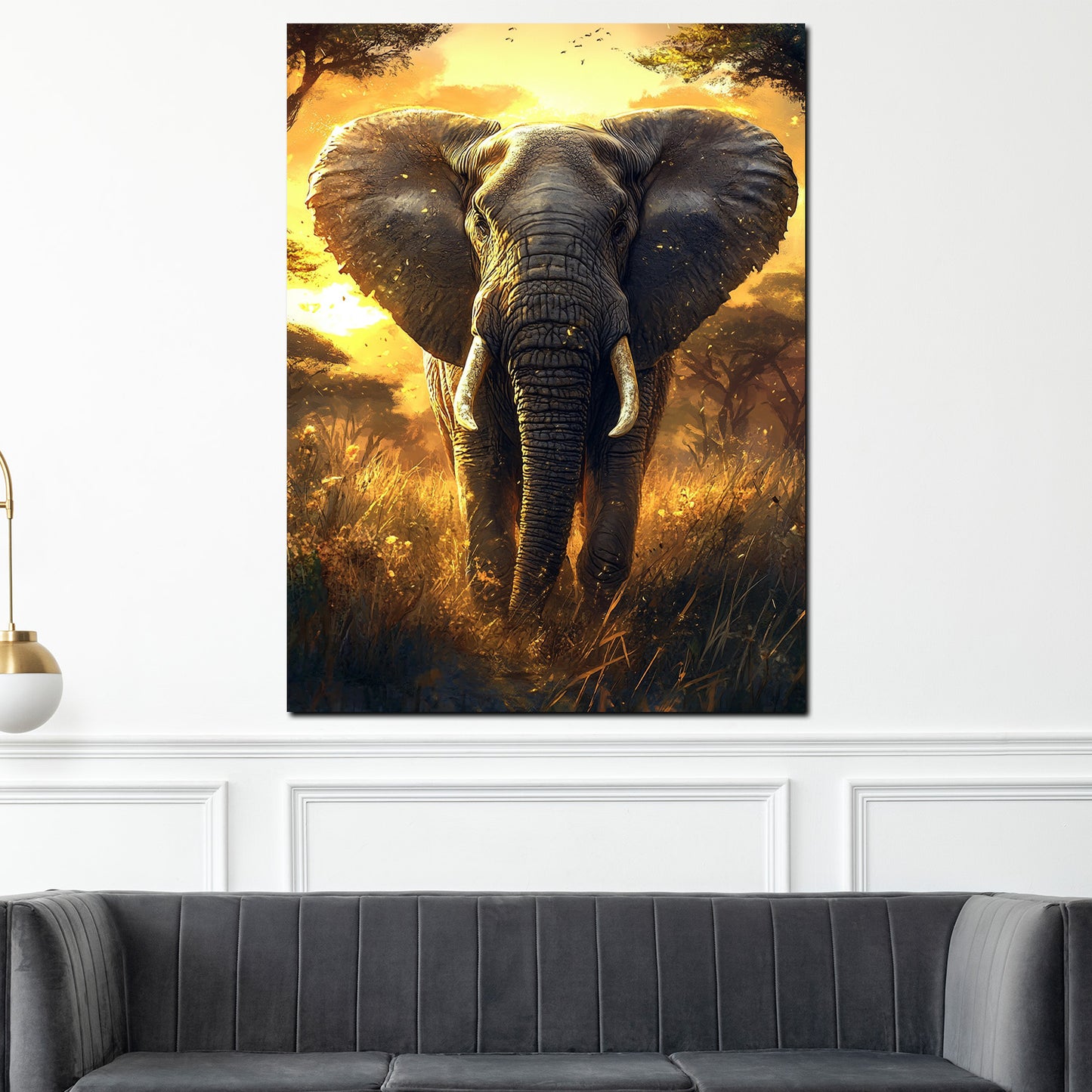 Wandbild majestätischer Elefant in goldenem Sonnenlicht der Savanne