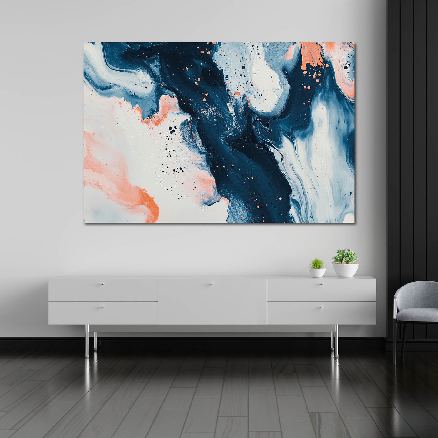 Abstrakt Dunkelblau Koralle Weiß Marmorierte Strukturen Wandbild