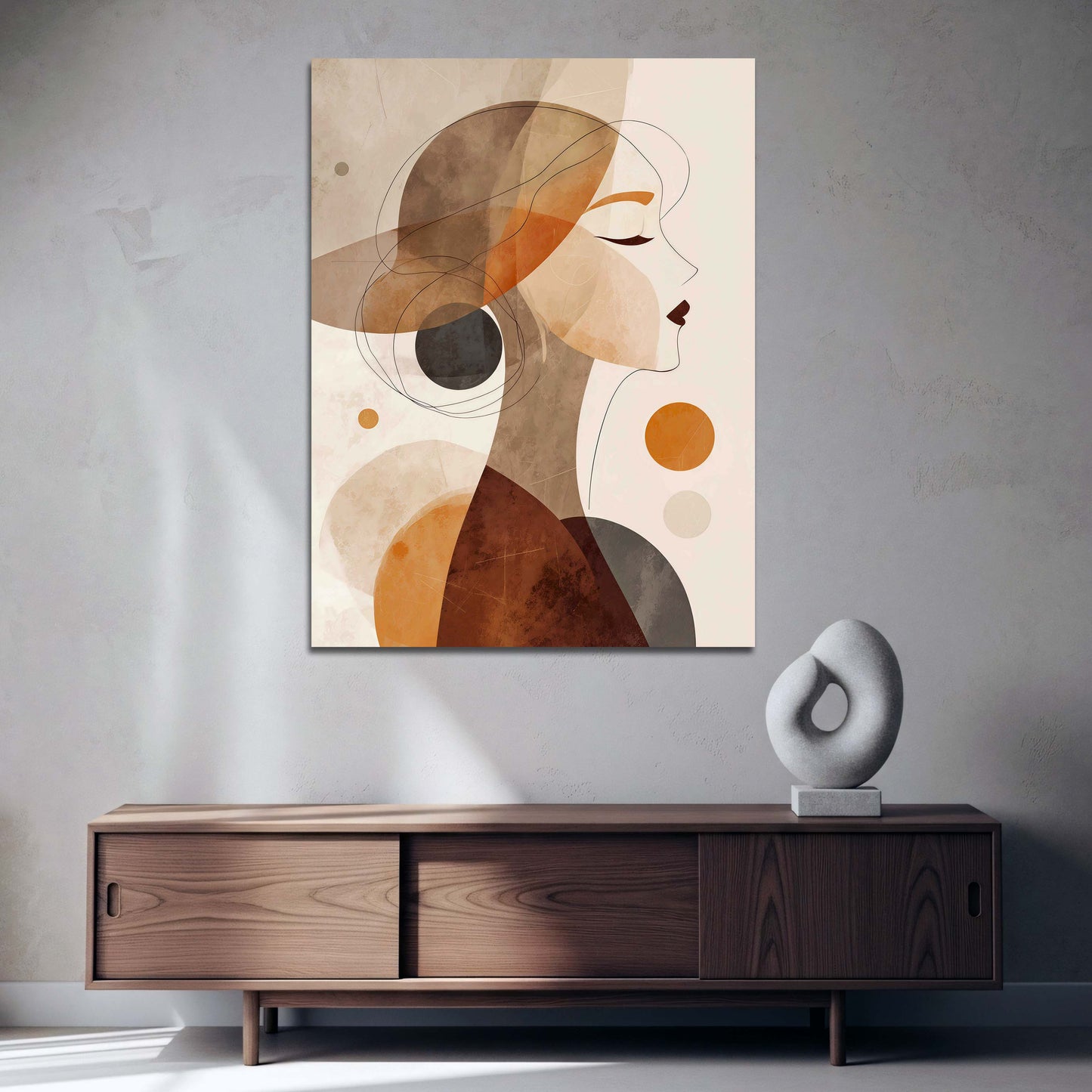 Abstrakt Frau mit Dutt geometrische Formen und Erdtöne Wandbild