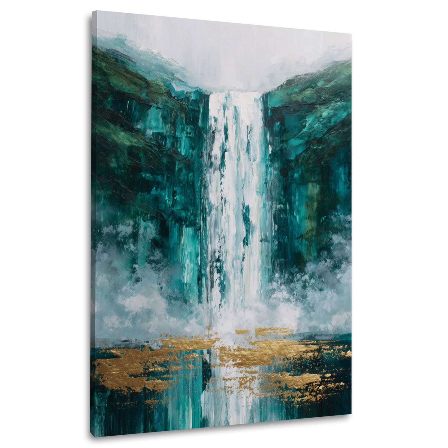 Abstrakt Natur Wasserfall türkis grün mit Gold Struktur Wandbild