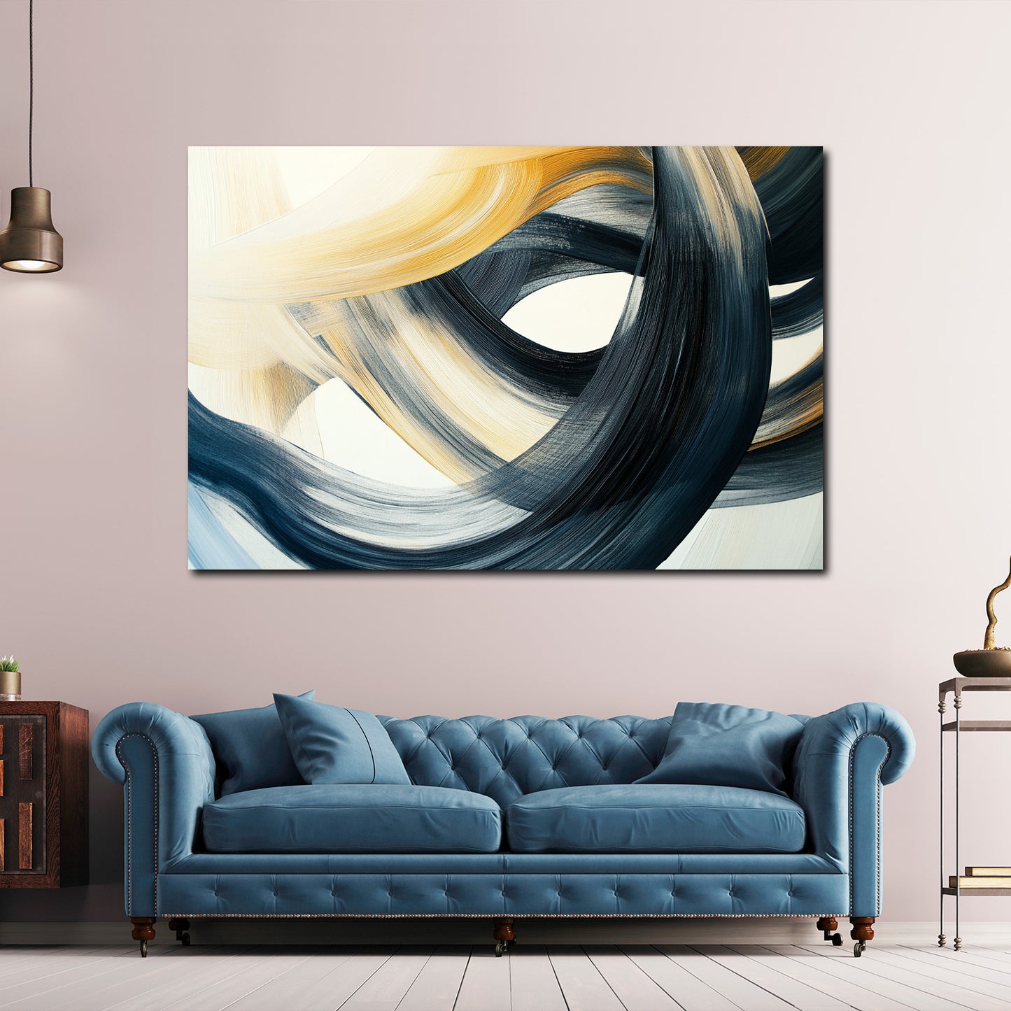 Abstrakt Pinselschwünge Beige Schwarz auf Weiß Wandbild