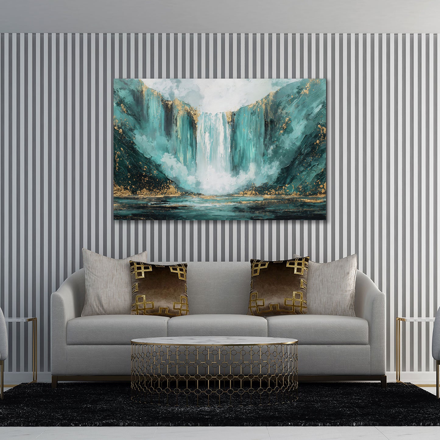 Abstrakt Wasserfall Natur türkis blau mit Gold Wandbild
