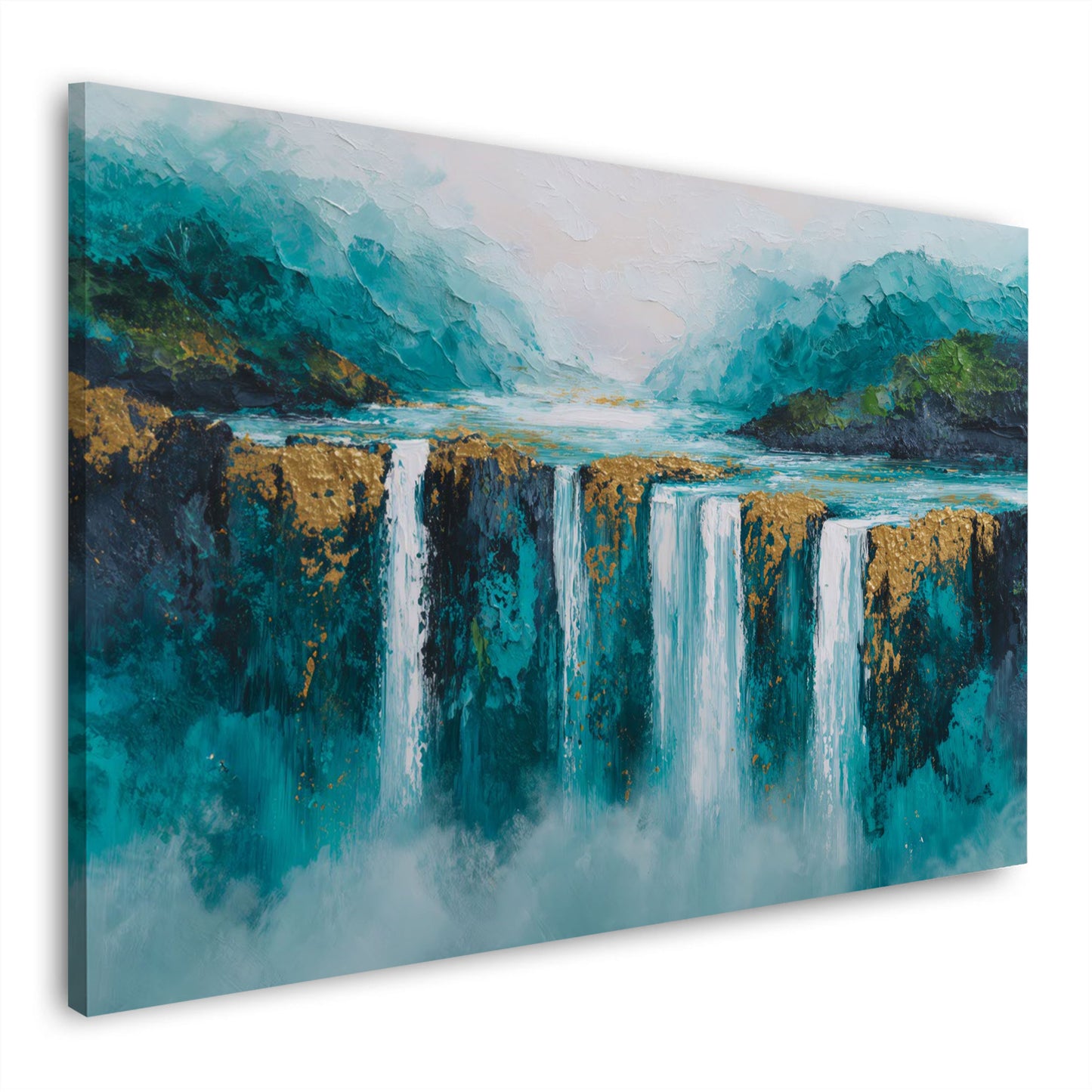 Abstrakt Wasserfall Berge türkis blau mit Goldstruktur Wandbild