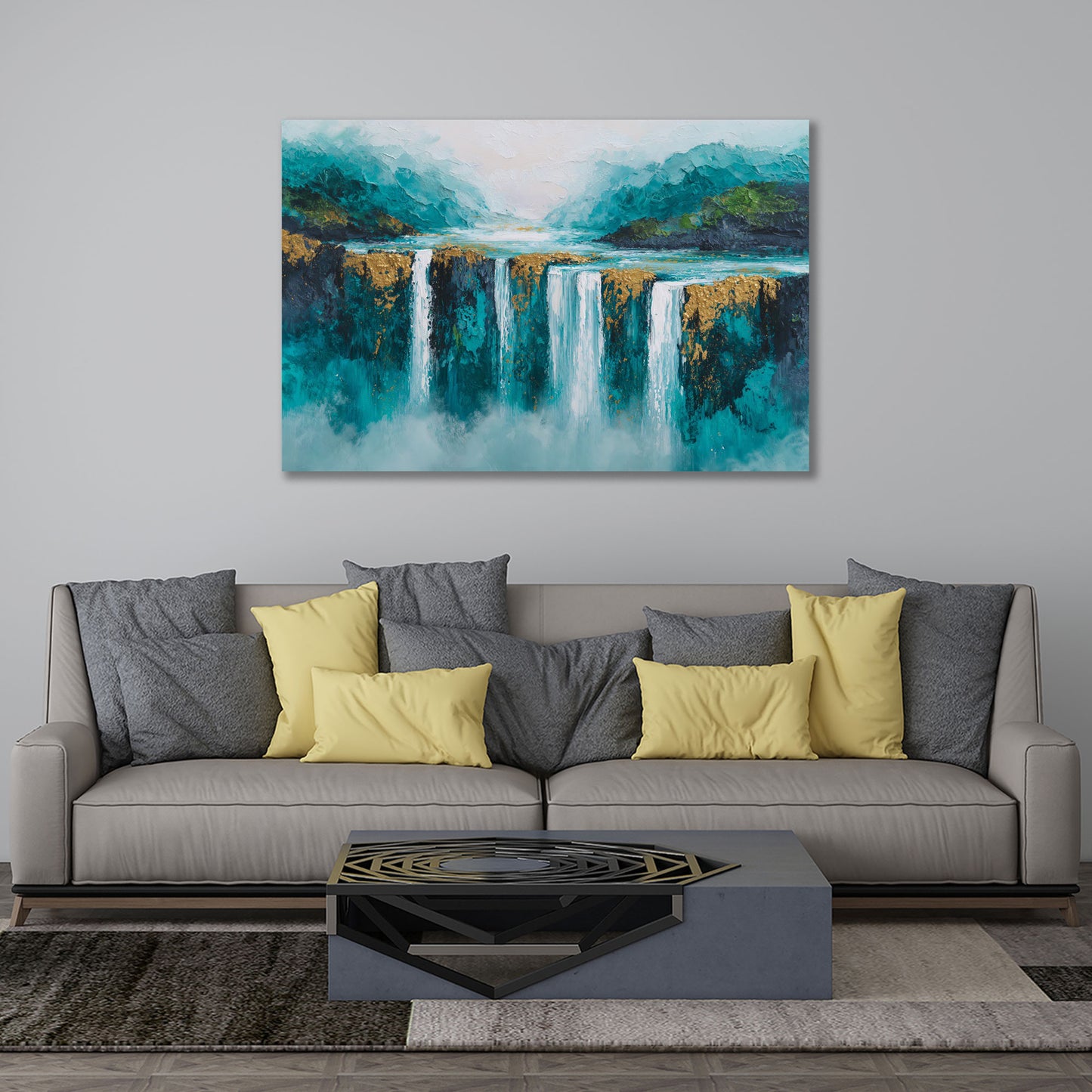 Abstrakt Wasserfall Berge türkis blau mit Goldstruktur Wandbild