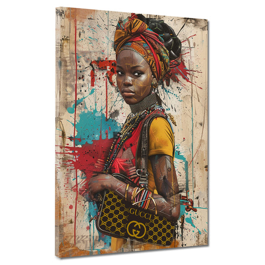 Afrikanische Frau mit traditionellem Look und Luxustasche Wandbild
