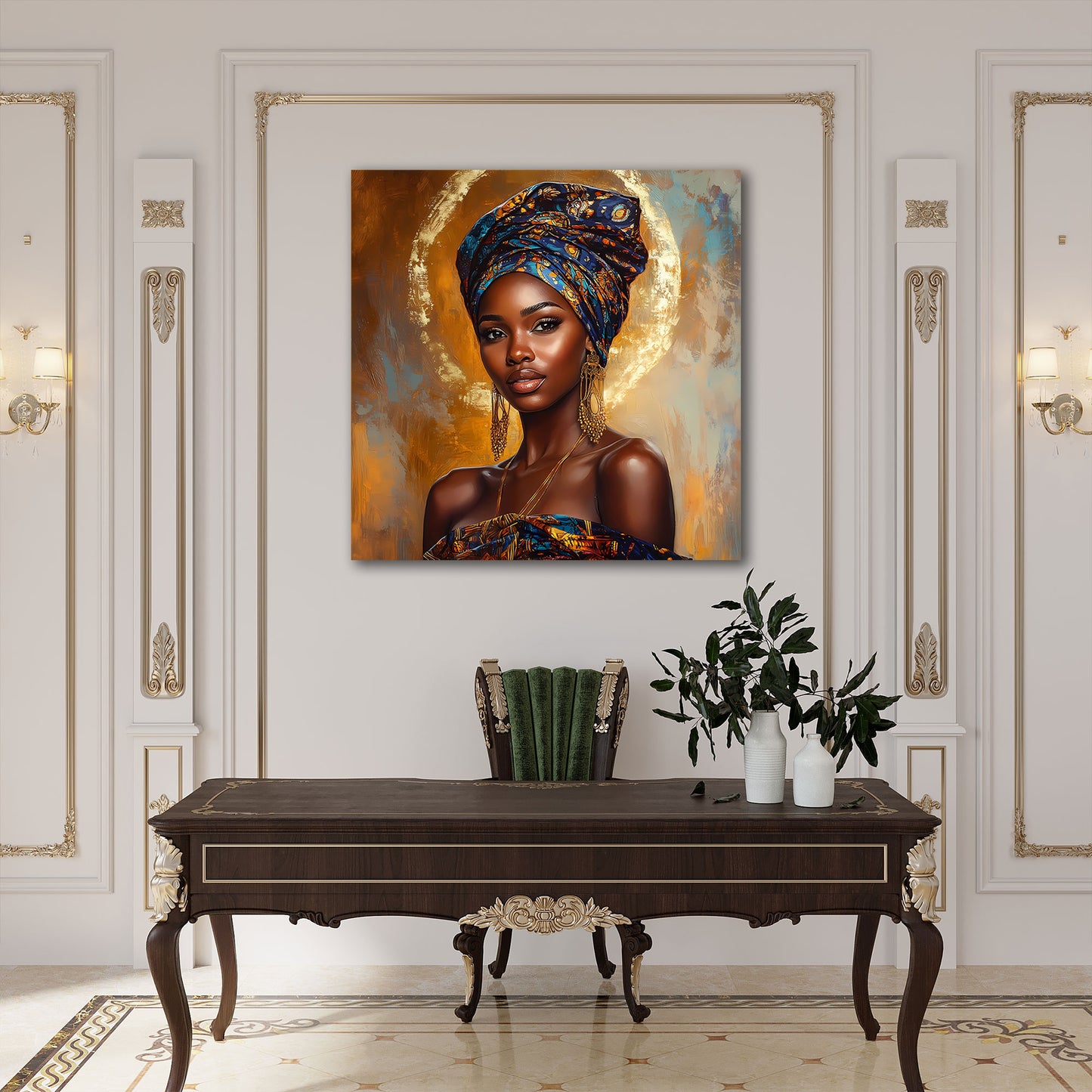 Afrikanische Frau Porträt goldene Eleganz Wandbild