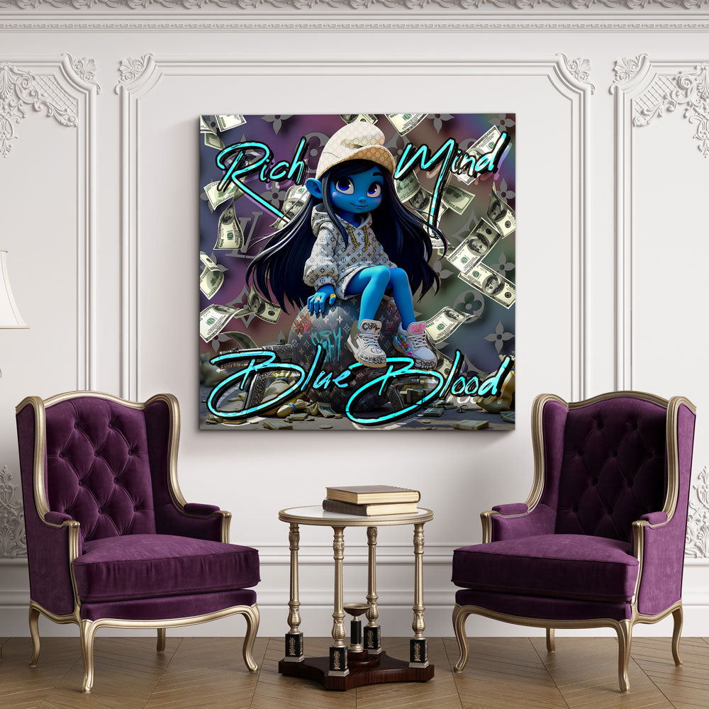 Blaue Comicfigur mit Geld und Luxus Outfit Wandbild