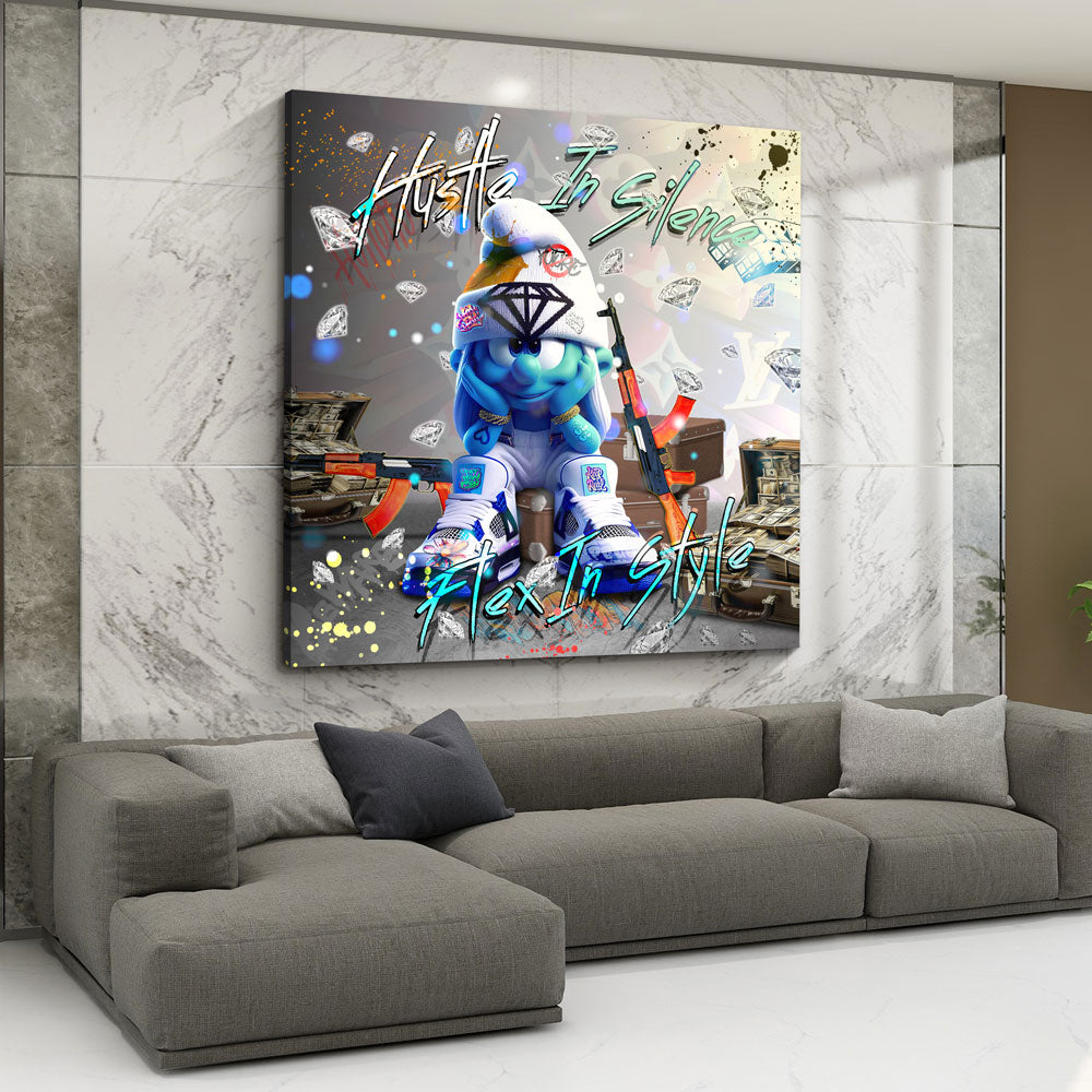 Blaue Comicfigur mit Geld und Luxus Style Wandbild