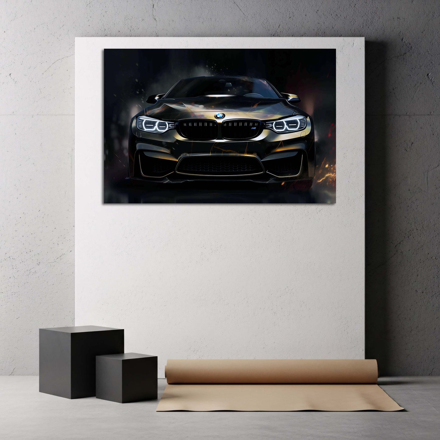 Dunkles Auto BMW mit Lichteffekten Power Look Wandbild