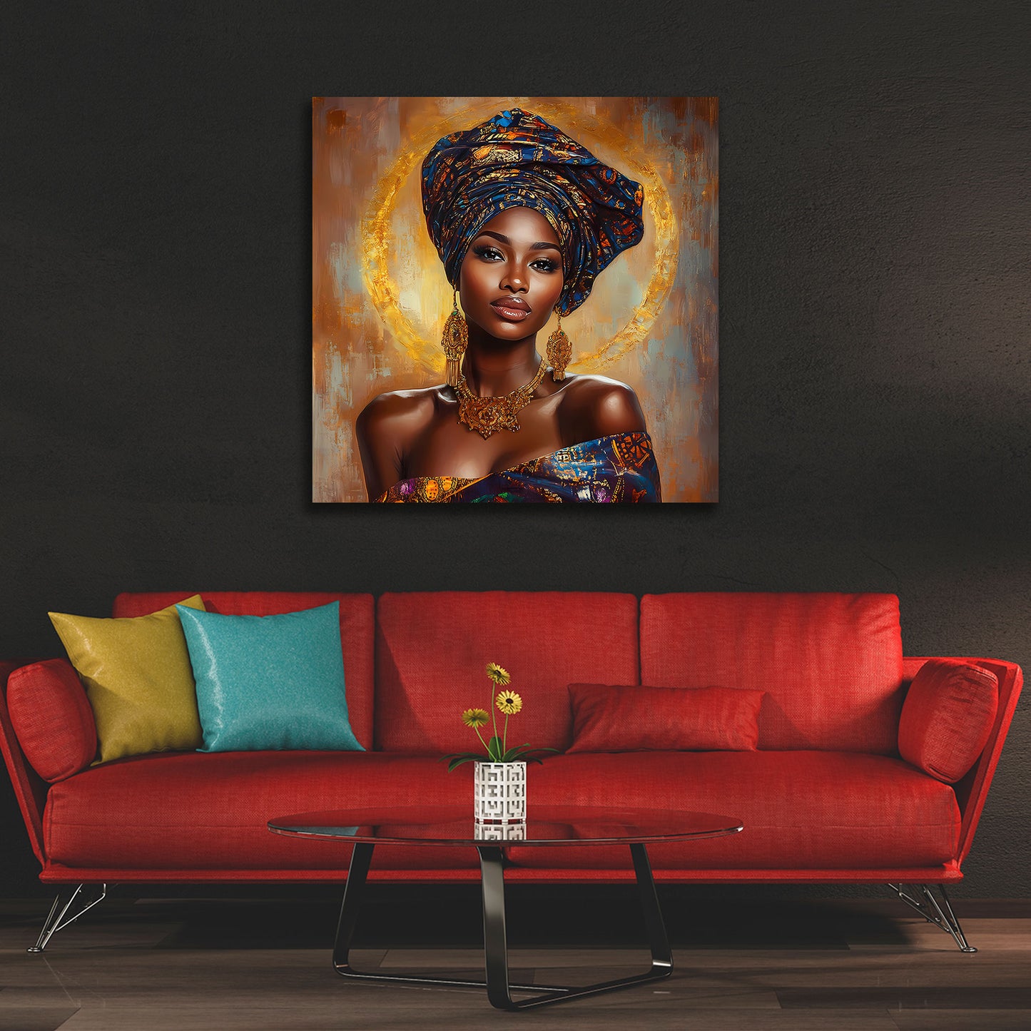 Edle Afrikanische Frau mit farbenprächtigem Turban Wandbild