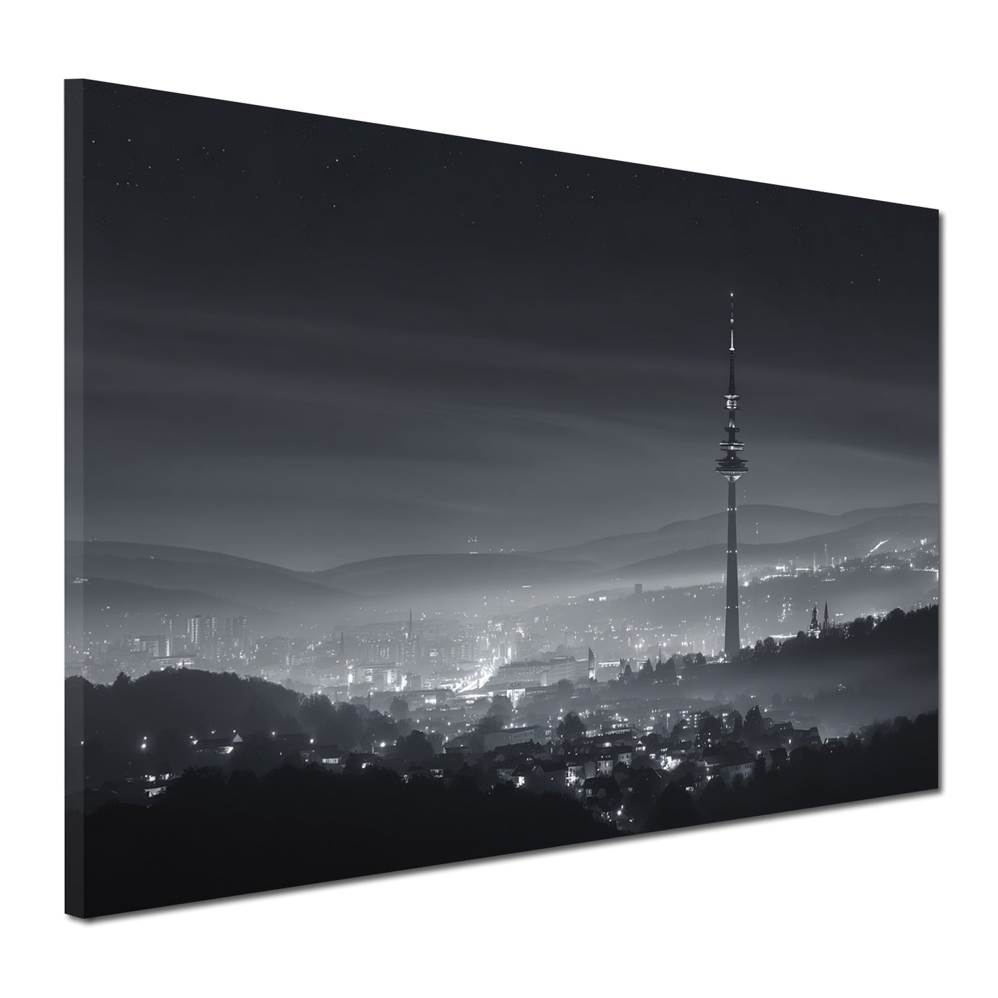 Fernsehturm Stuttgart Hügelblick Nachtstimmung schwarz weiß Wandbild