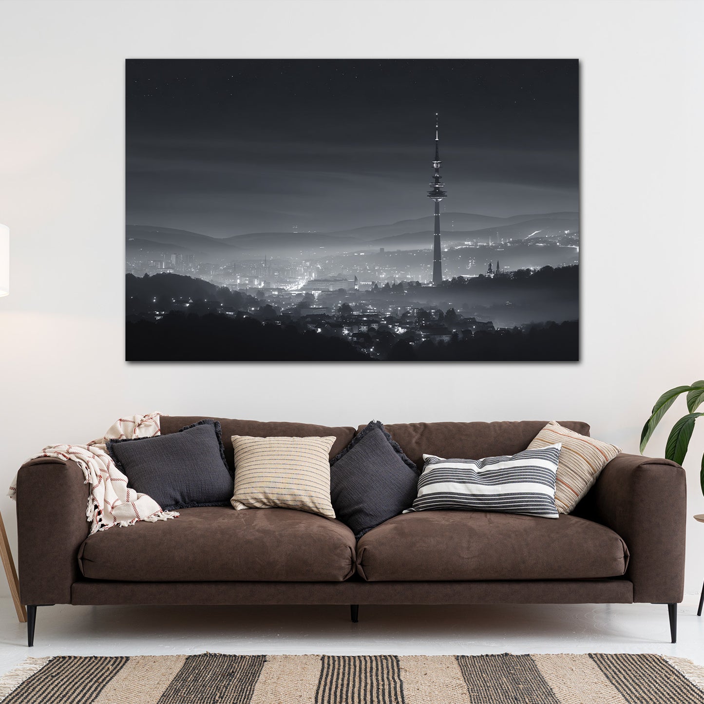 Fernsehturm Stuttgart Hügelblick Nachtstimmung schwarz weiß Wandbild