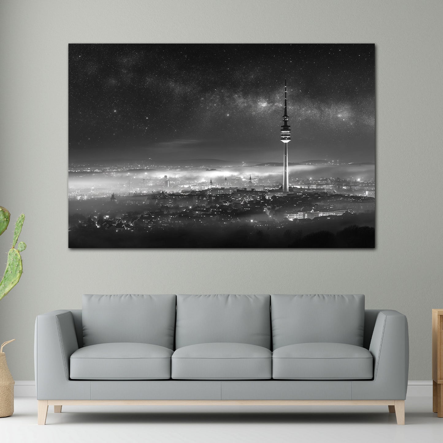 Fernsehturm Stuttgart Stadtlandschaft nachts schwarz weiß Wandbild