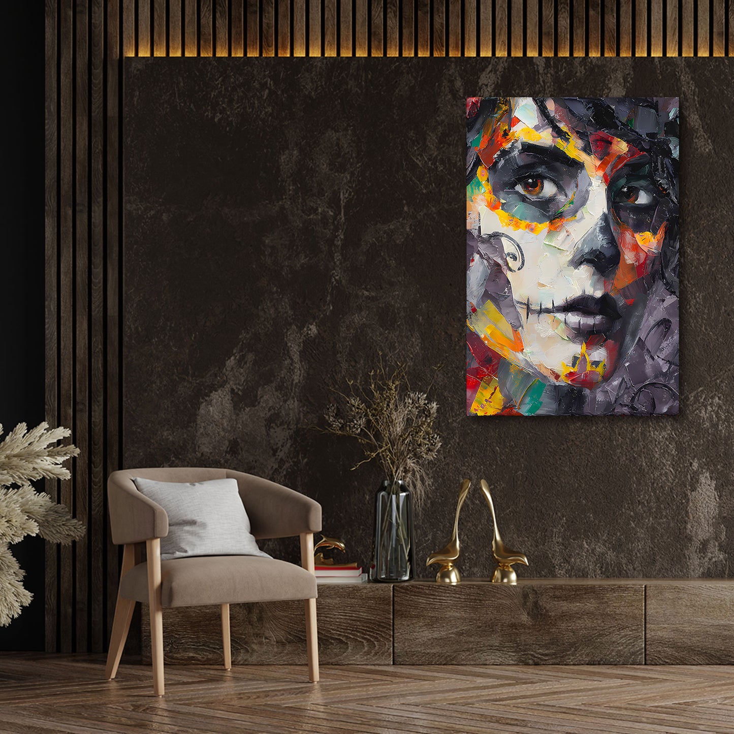 Gesicht mit Totenschminke kräftige Pinseltechnik Wandbild