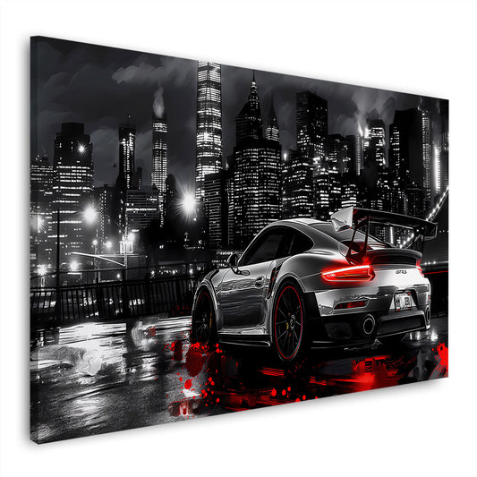 GT Auto Straße Regen rote Akzente Wandbild