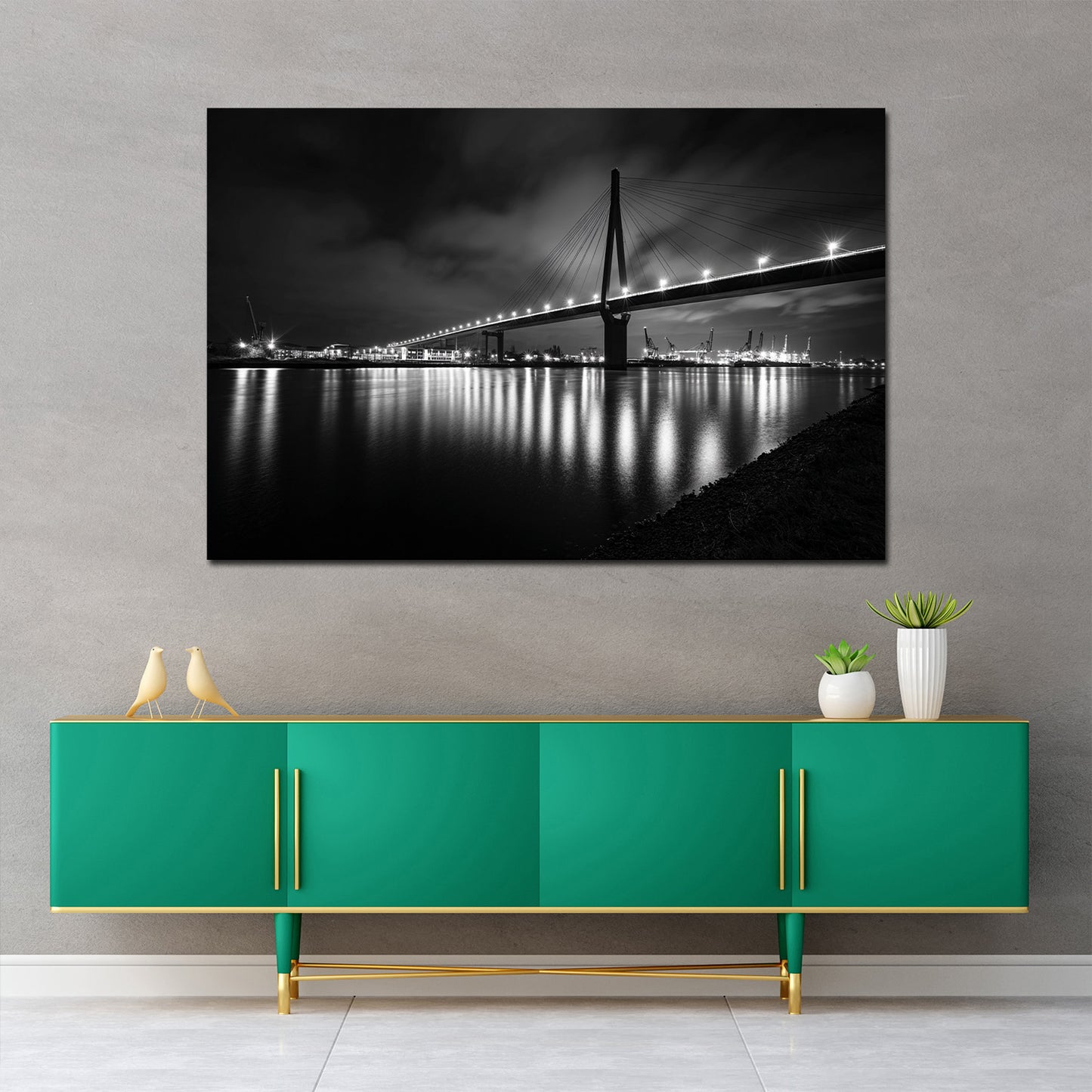 Hafenbrücke Hamburg schwarz weiß Elbe Nachtaufnahme Wandbild