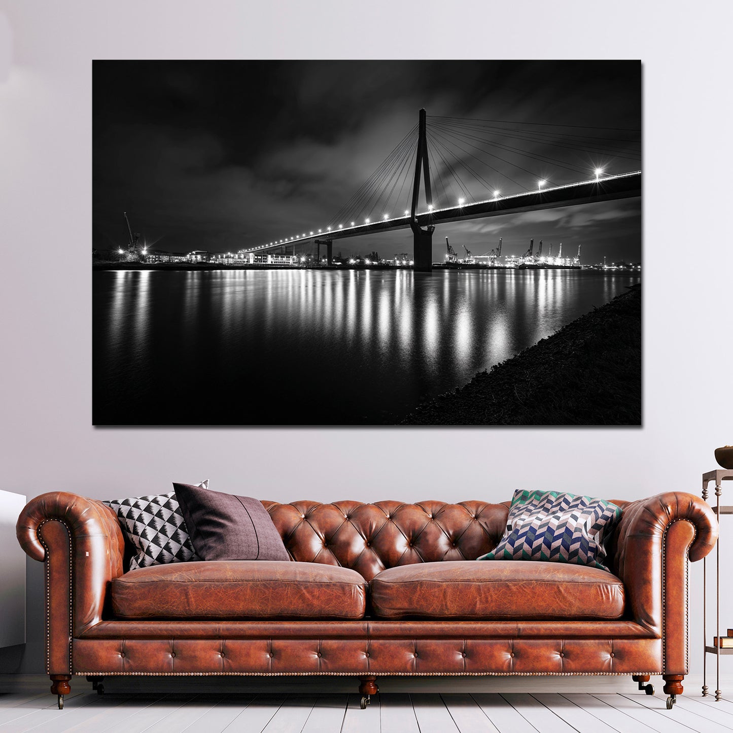 Hafenbrücke Hamburg schwarz weiß Elbe Nachtaufnahme Wandbild