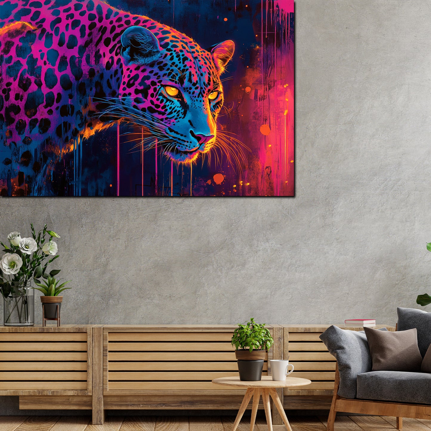 Leopard Porträt leuchtende Farben Wandbild