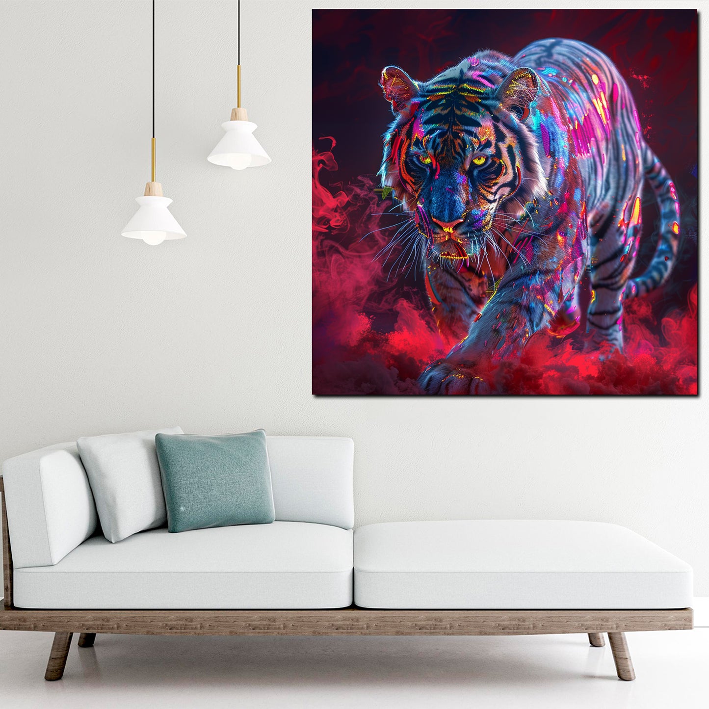 Leuchtender Tiger Farbenrausch Rauchbewegung Wandbild